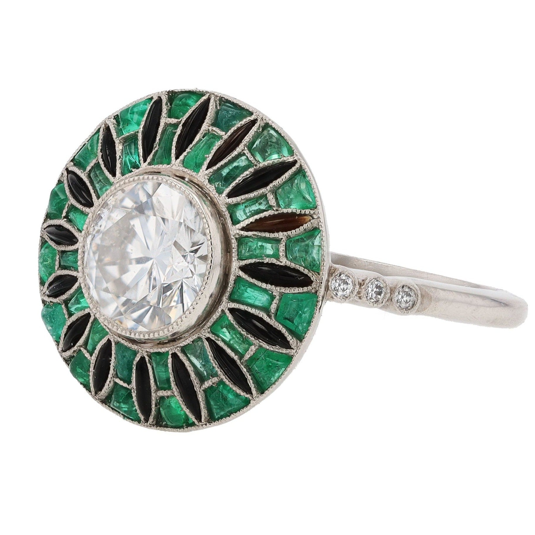 Art Deco Roulette Wheel GIA Certified Diamond Emerald & Onyx Engagement Ring