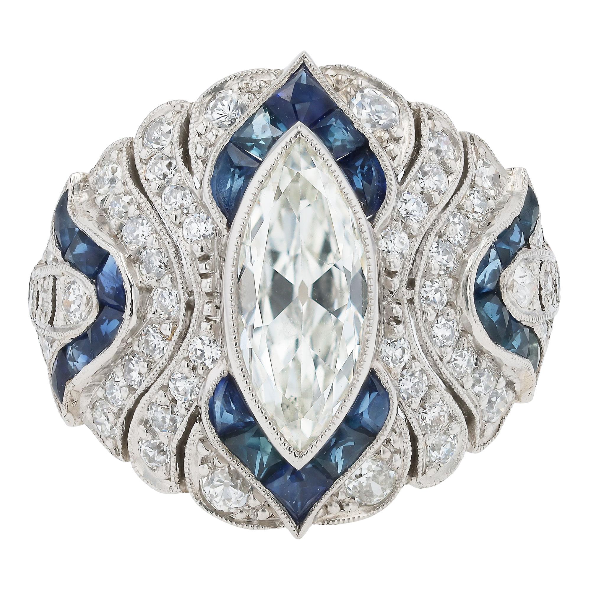 Art Deco Style 1.10 Carat Marquise Diamond & Sapphire Cocktail Ring