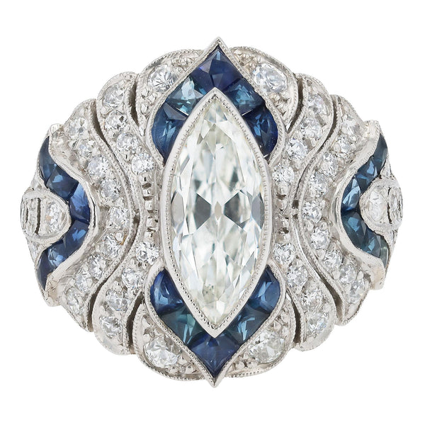 Art Deco Style 1.10 Carat Marquise Diamond & Sapphire Cocktail Ring