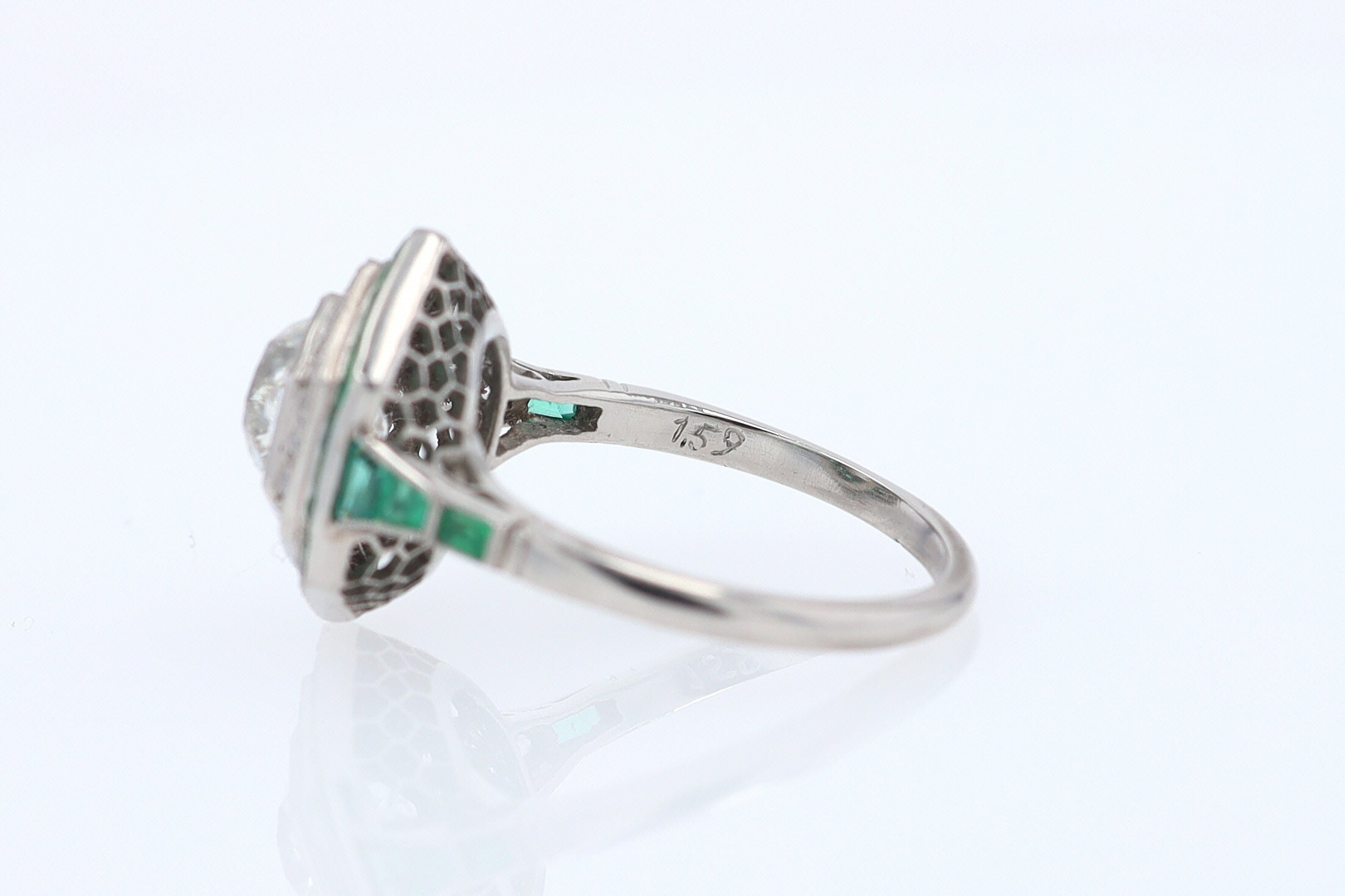 Art Deco Style 1.59 Carat Old Mine Diamond Emerald Engagement Ring