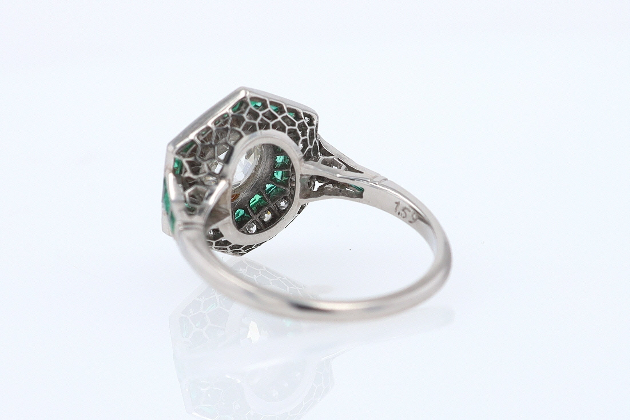 Art Deco Style 1.59 Carat Old Mine Diamond Emerald Engagement Ring