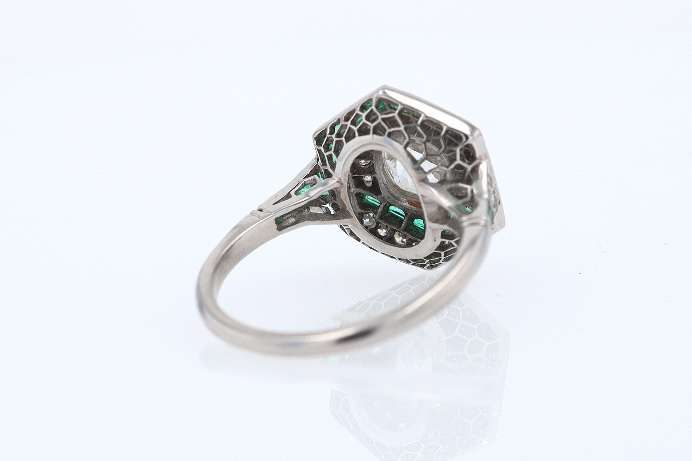 Art Deco Style 1.59 Carat Old Mine Diamond Emerald Engagement Ring
