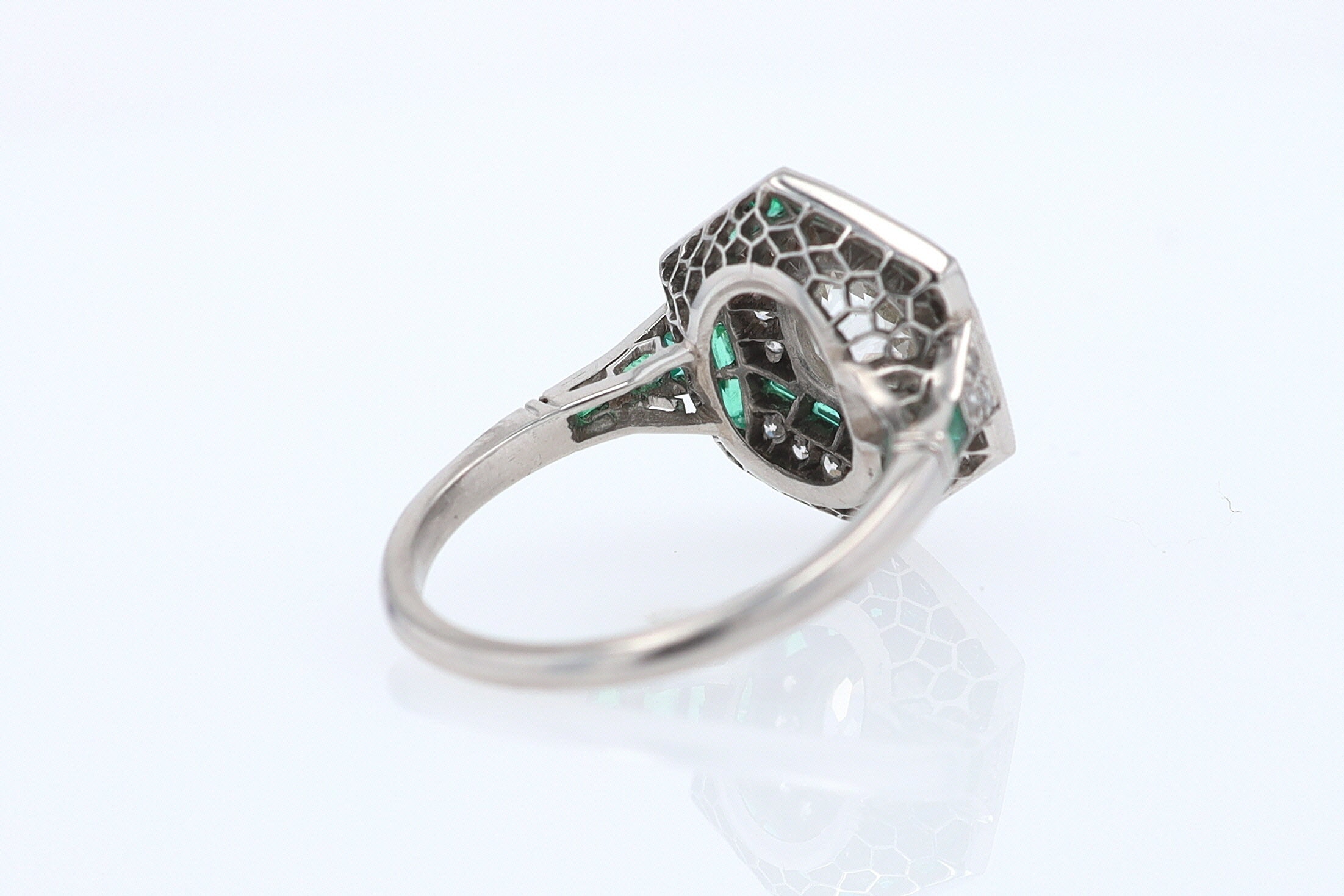 Art Deco Style 1.59 Carat Old Mine Diamond Emerald Engagement Ring