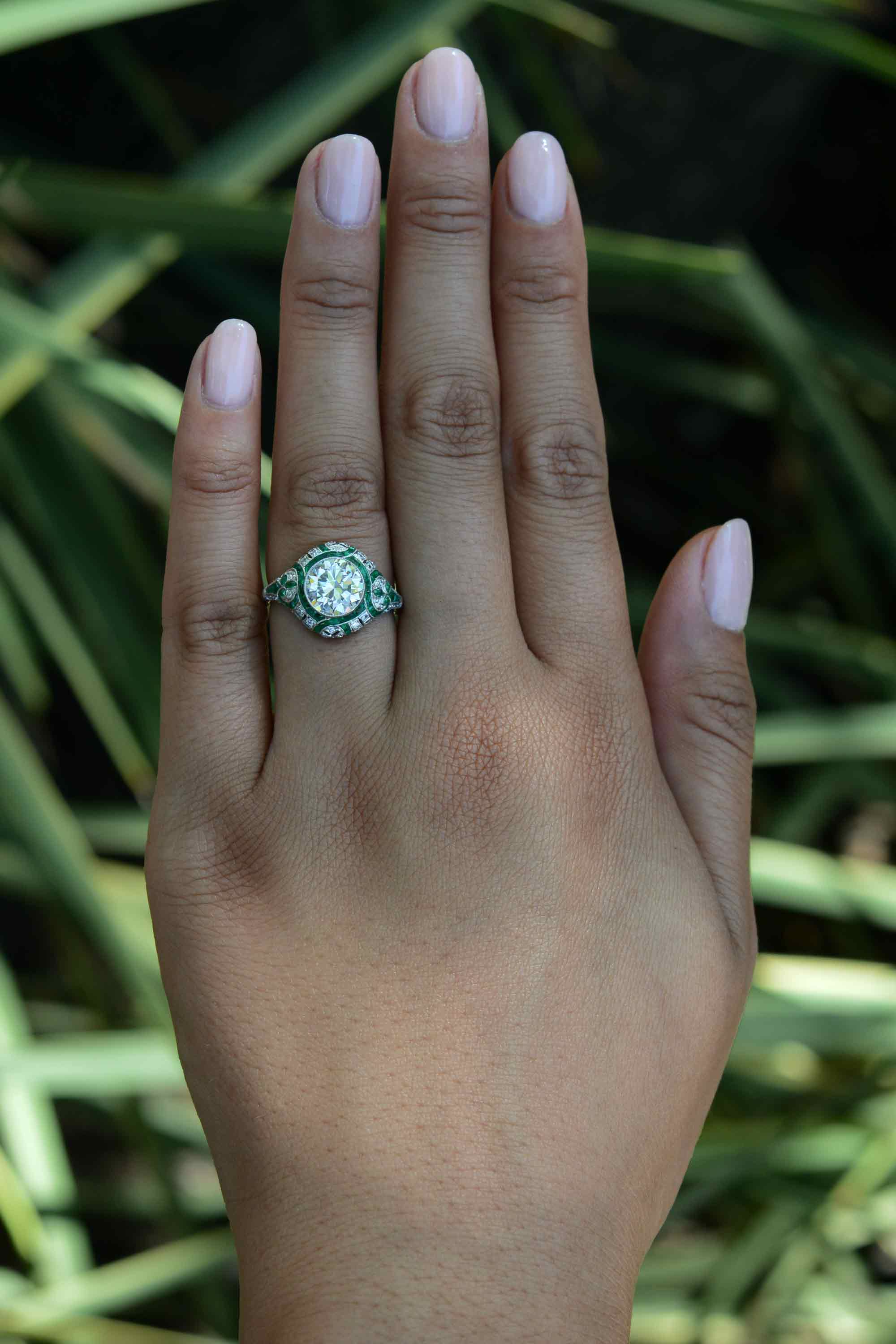 Art Deco Style 1.84 Carat G VS2 Diamond Emerald Engagement Ring