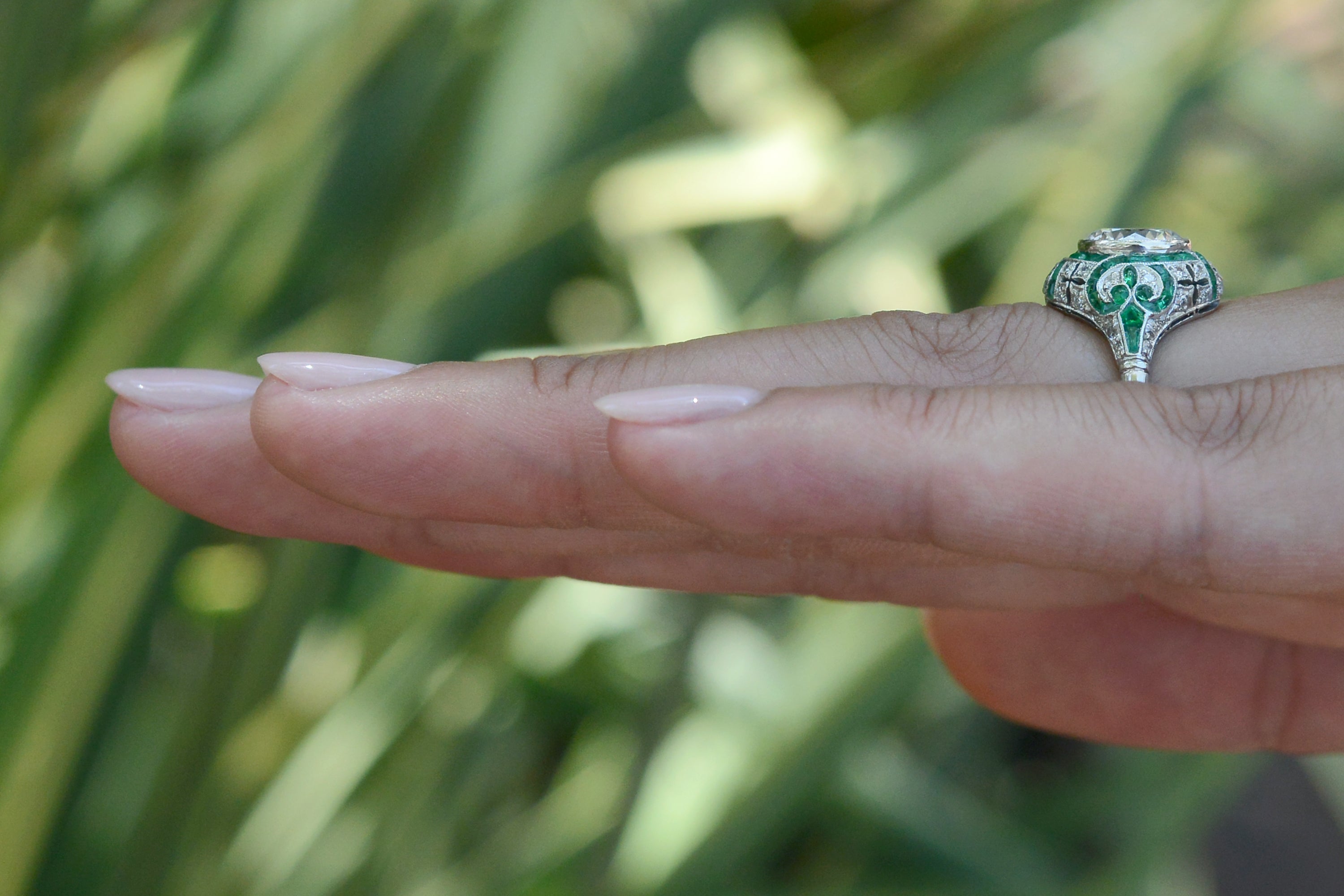 Art Deco Style 1.84 Carat G VS2 Diamond Emerald Engagement Ring