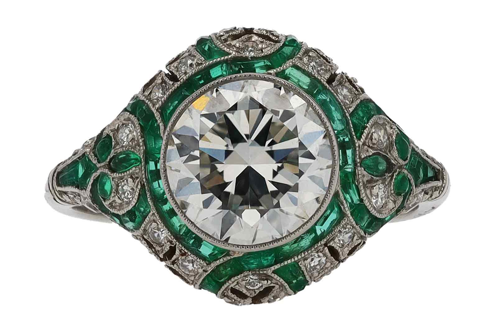 Art Deco Style 1.84 Carat G VS2 Diamond Emerald Engagement Ring