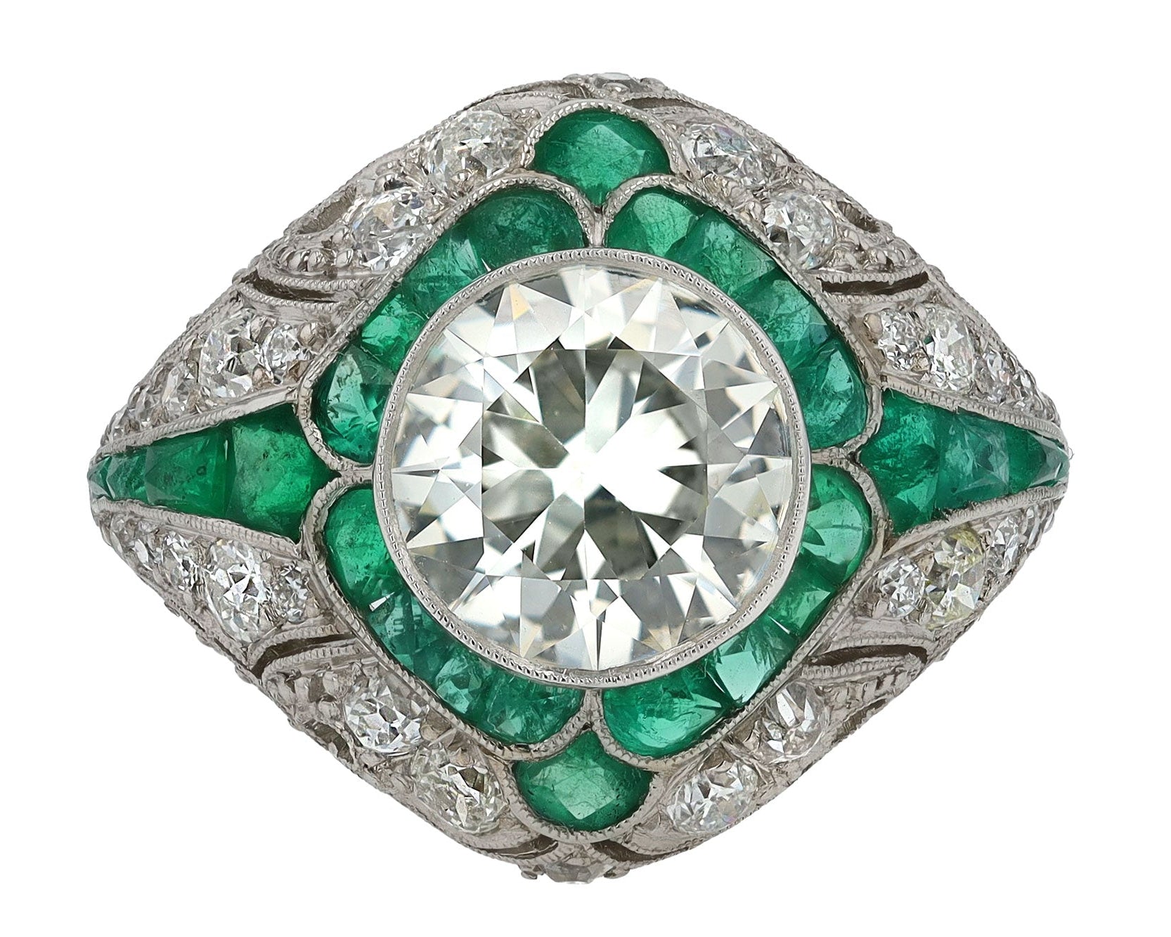 2.94 Carat Old European Cut Diamond and Emerald Bombe Ring