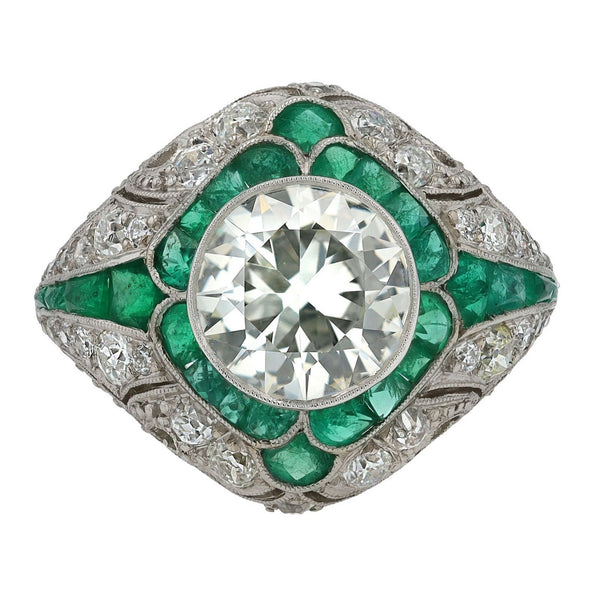 2.94 Carat Old European Cut Diamond and Emerald Bombe Ring