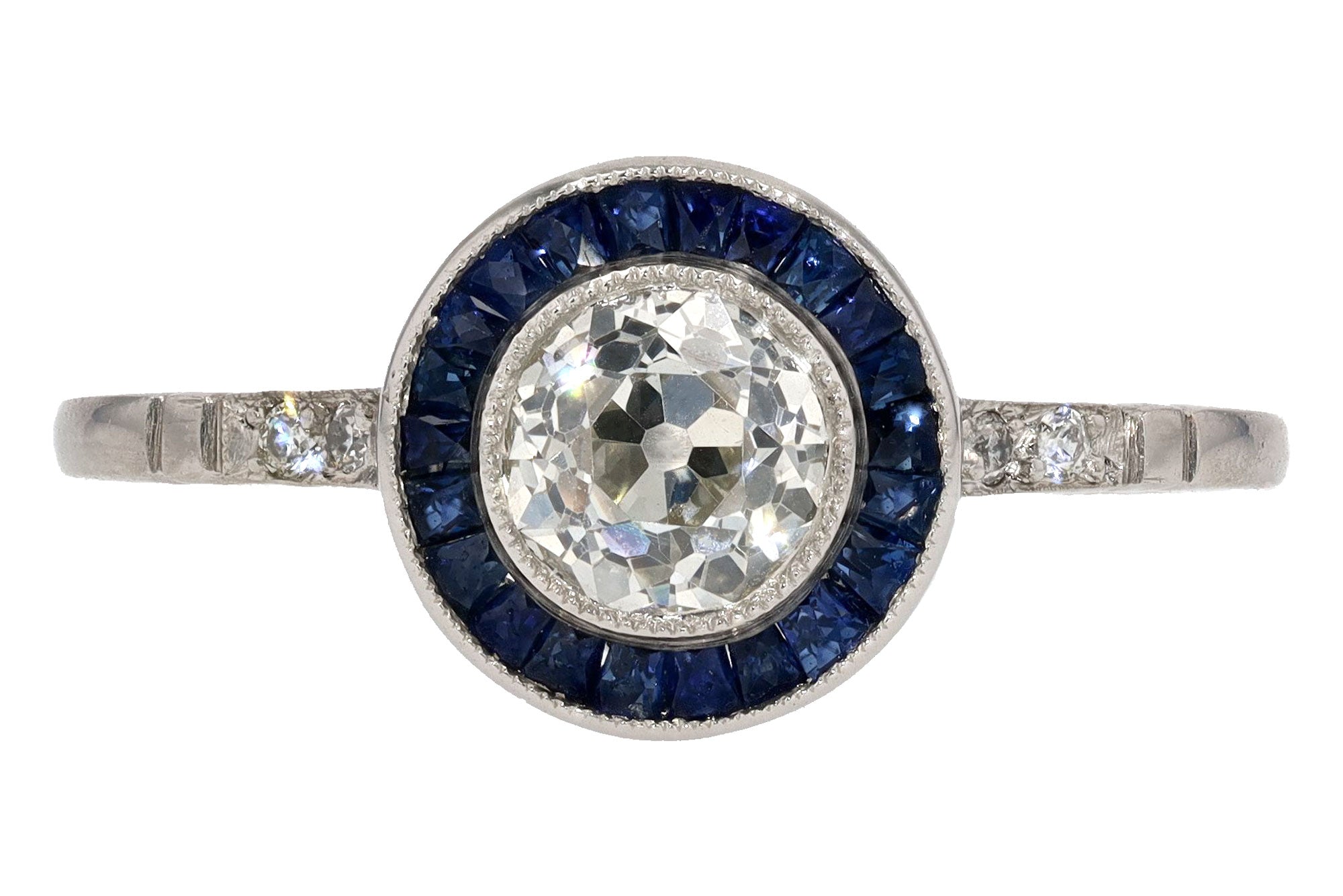 Art Deco Style Antique Diamond and Sapphire Halo Engagement Ring