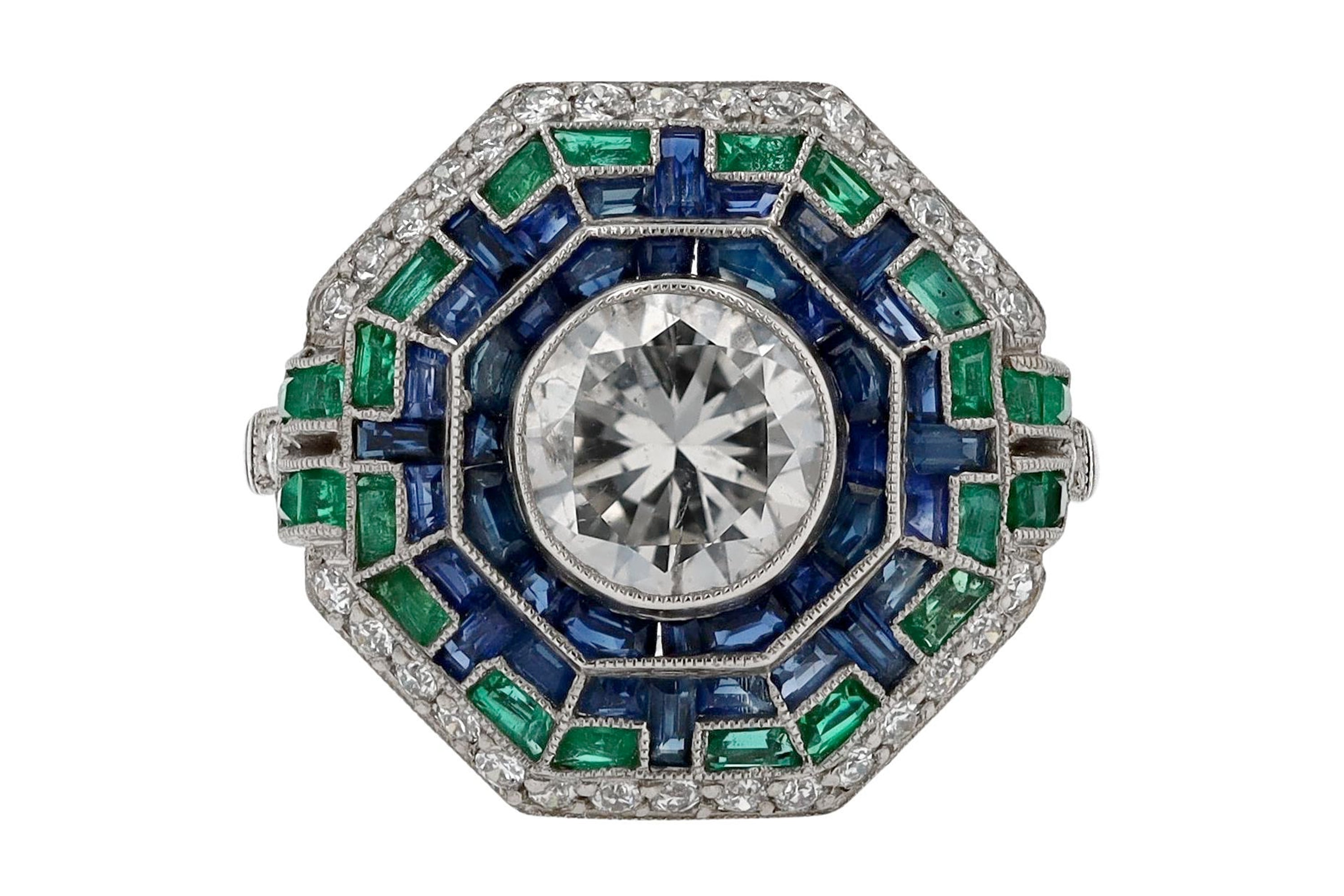 Art Deco Style Diamond Emerald Sapphire Mosaic Cocktail Ring