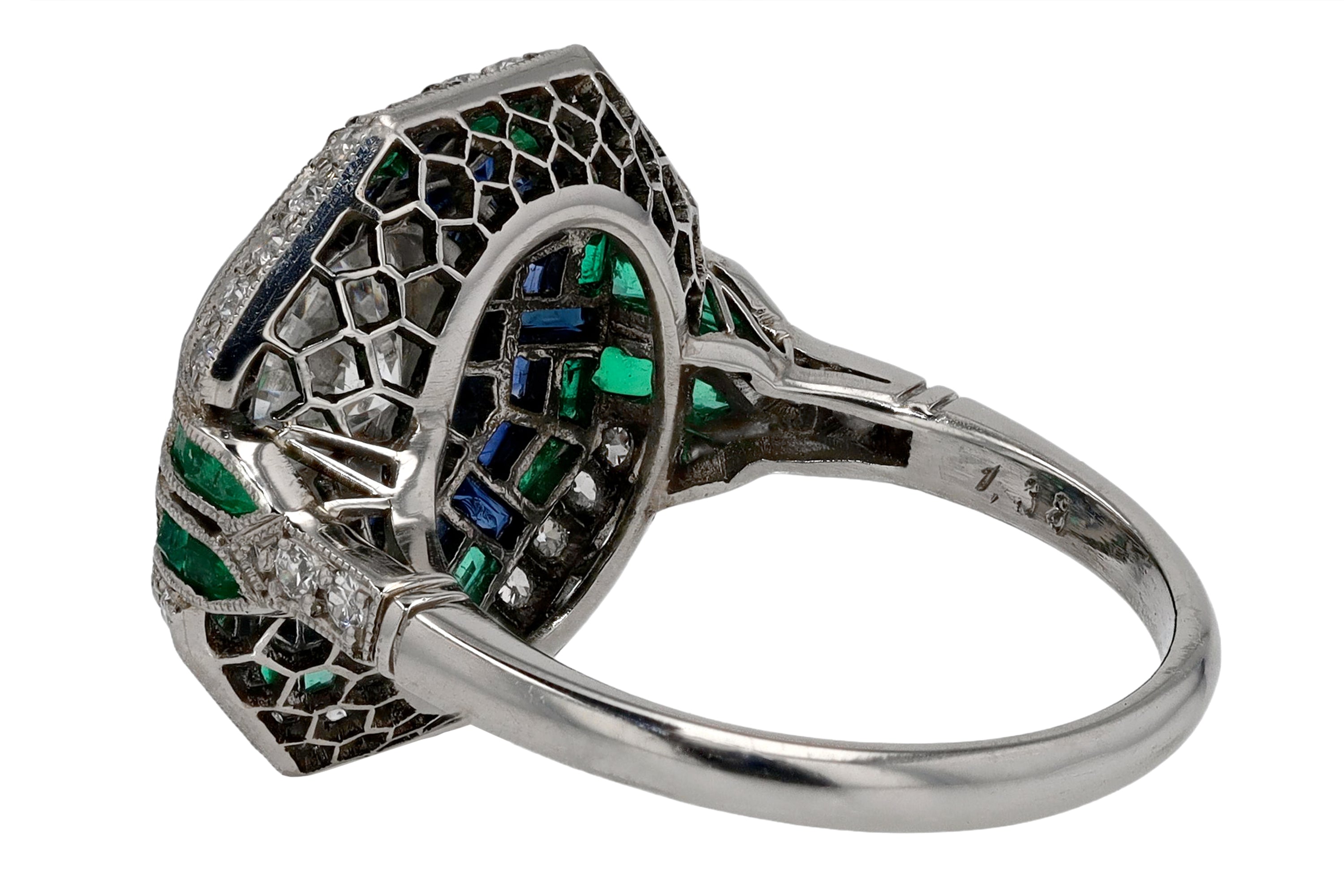 Art Deco Style Diamond Emerald Sapphire Mosaic Cocktail Ring