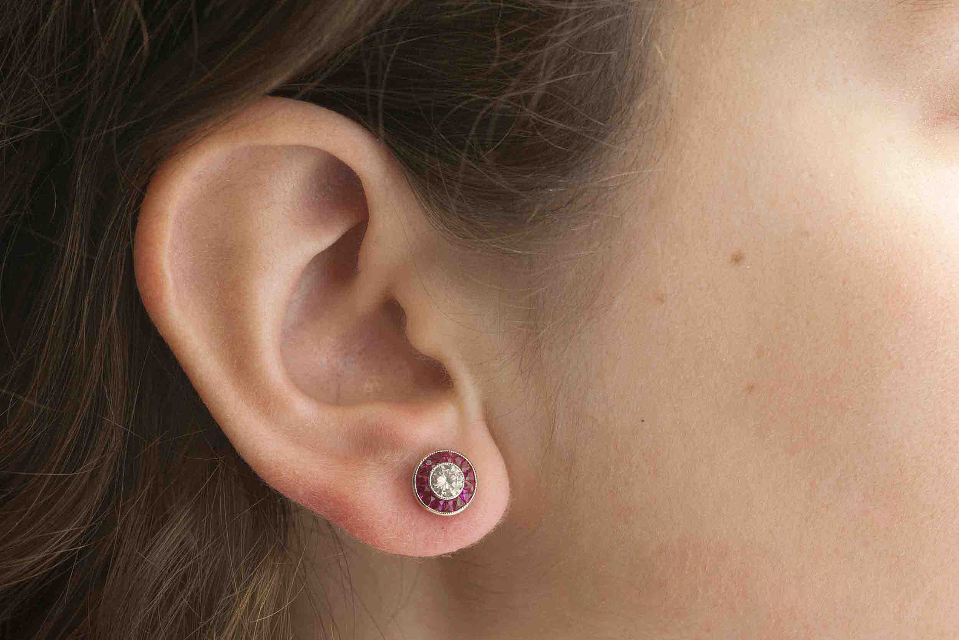 Art Deco Target Style 3/4 Carat Diamond Ruby Stud Earrings