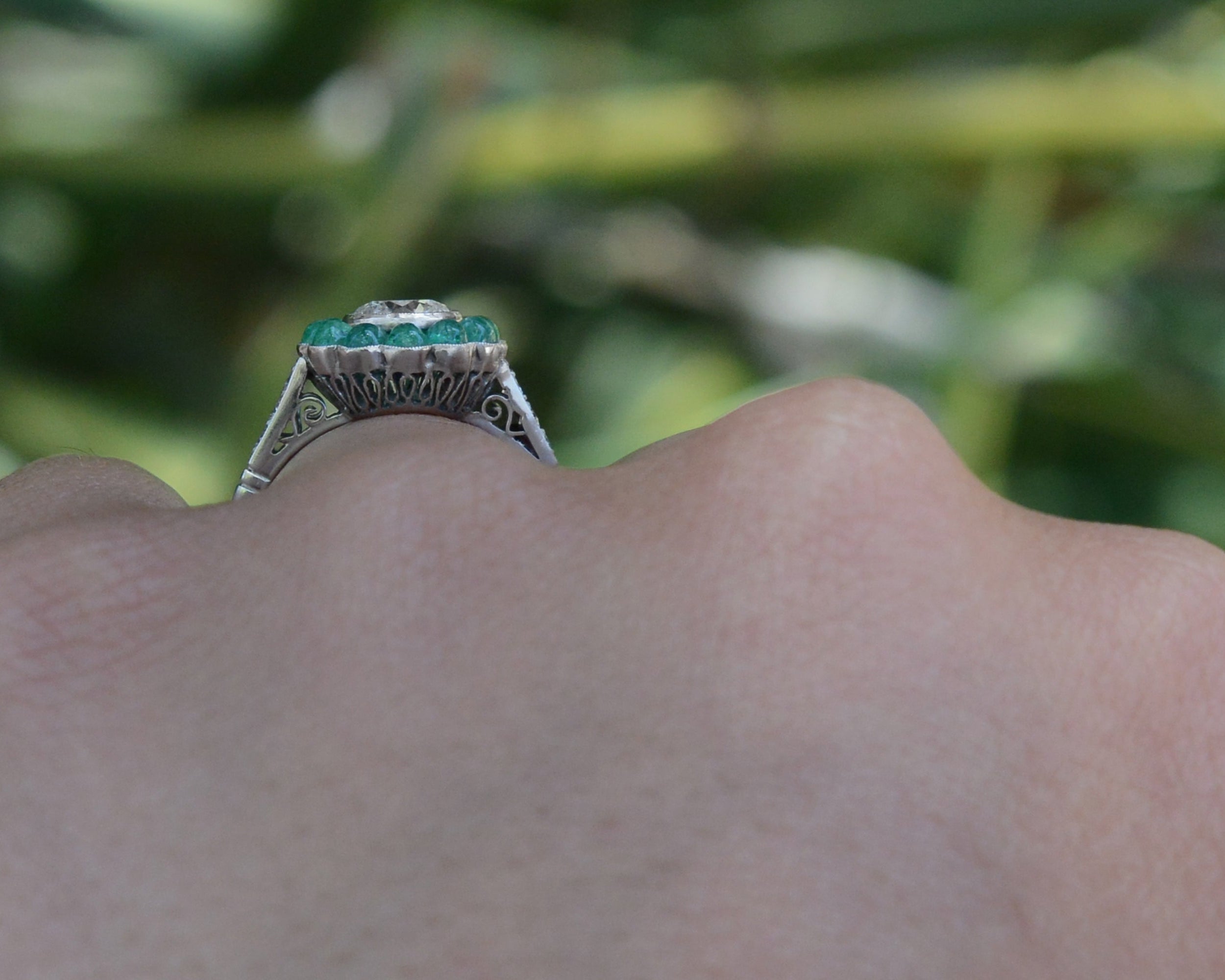 Art Deco Target Style Diamond Emerald Engagement Ring