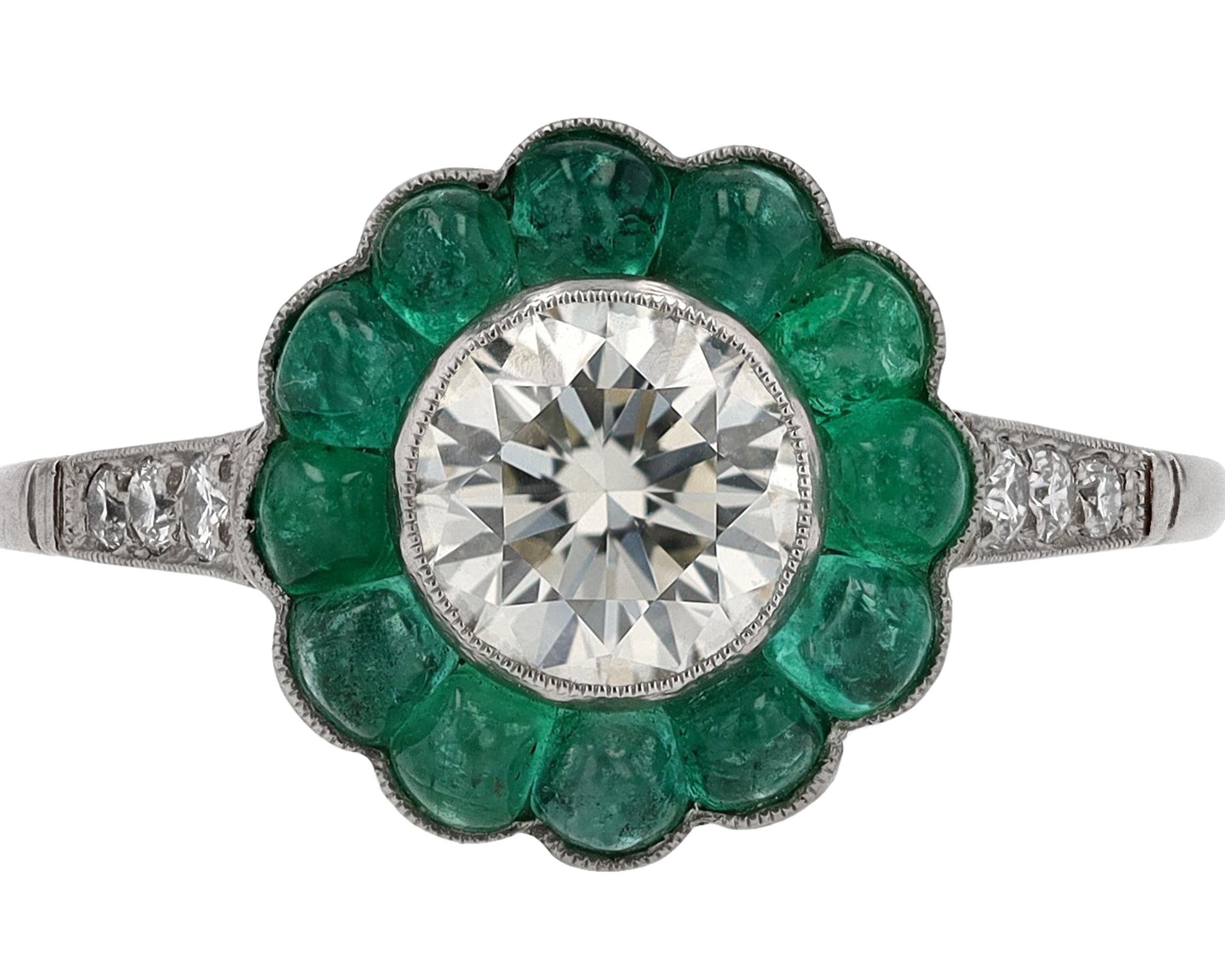 Art Deco Target Style Diamond Emerald Engagement Ring