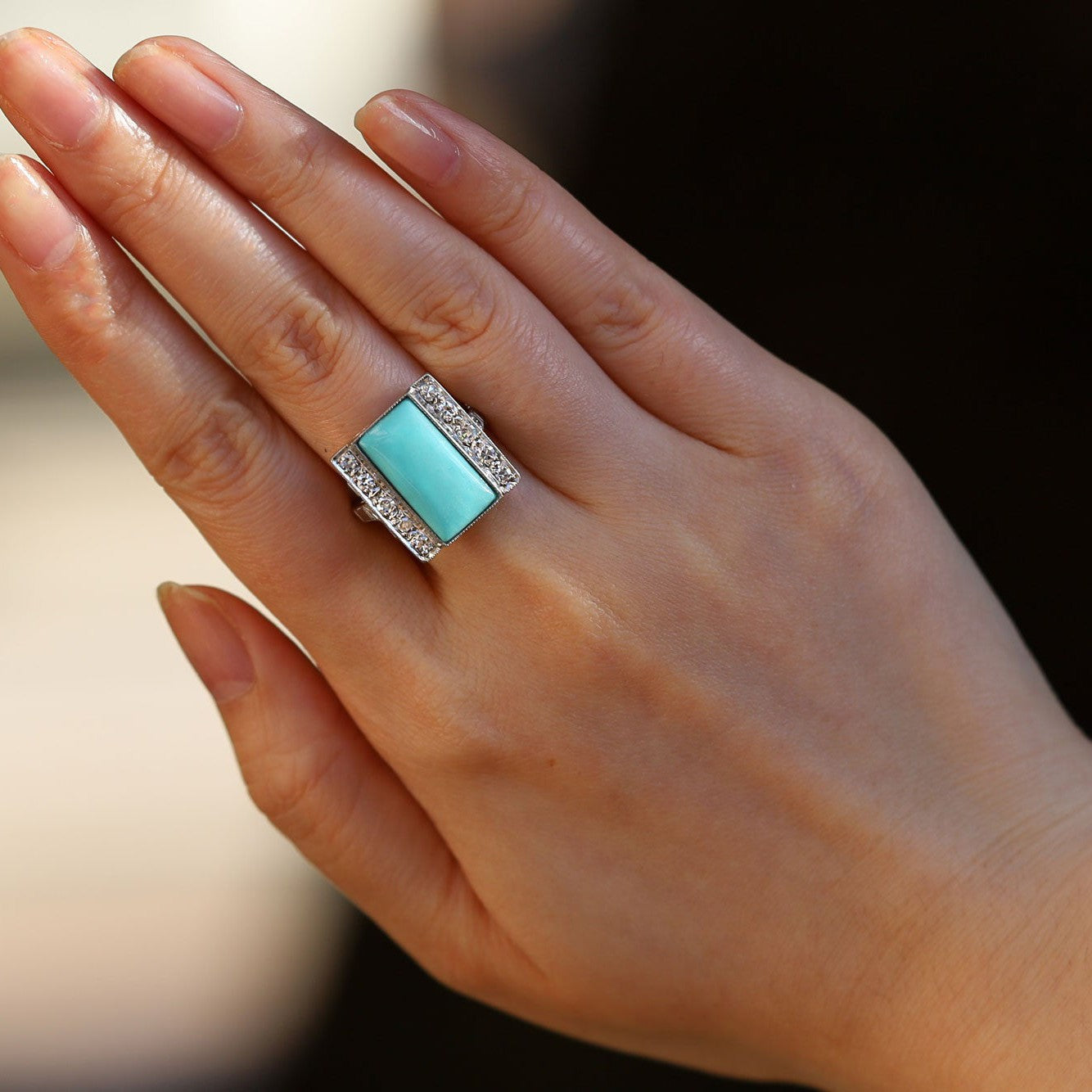 Art Deco Turquoise and Diamond Palladium Cocktail Ring