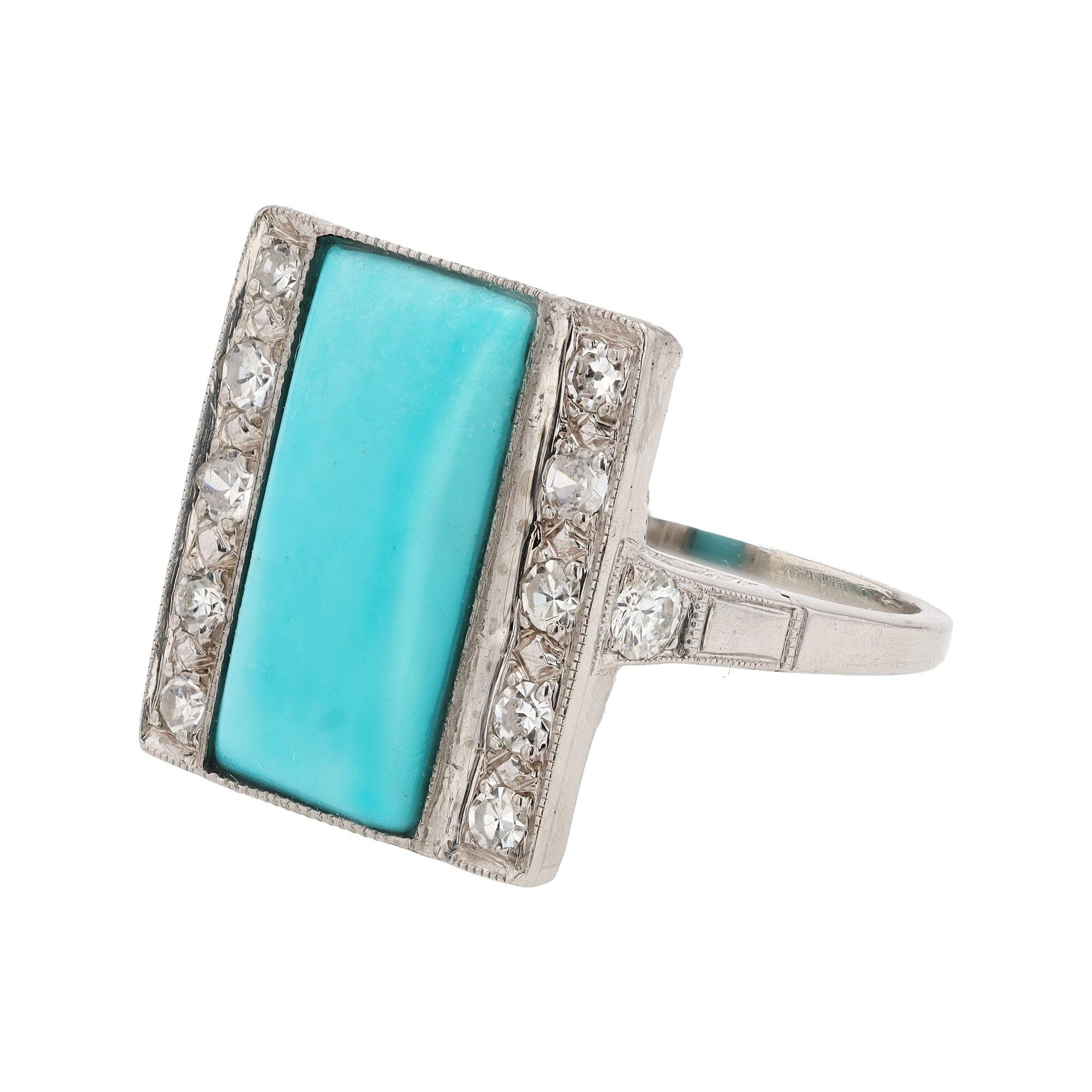 Art Deco Turquoise and Diamond Palladium Cocktail Ring