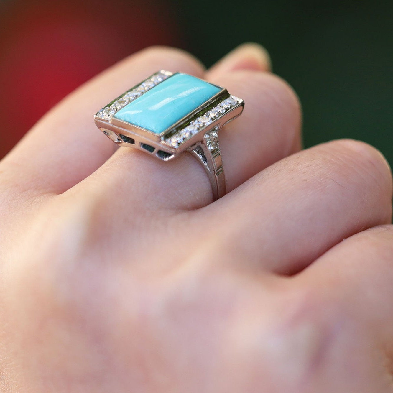 Art Deco Turquoise and Diamond Palladium Cocktail Ring