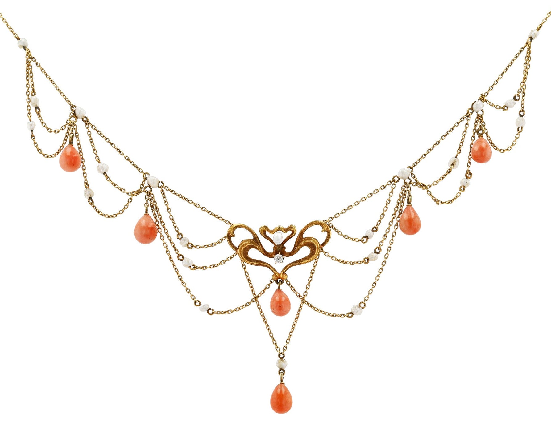 Art Nouveau Coral and Seed Pearl Bib Necklace
