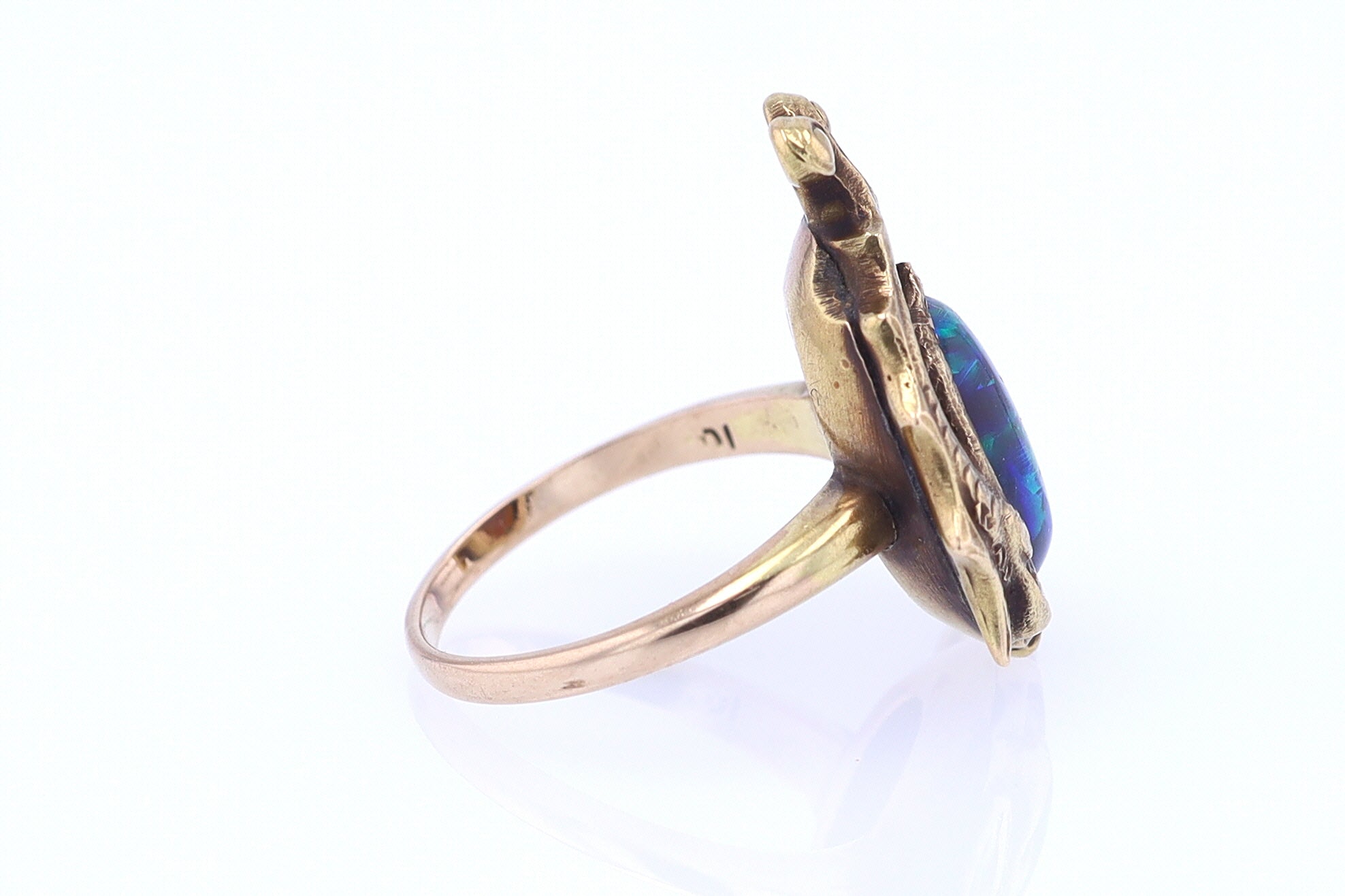 Art Nouveau Era 18kt. Gold & Harlequin Black Opal Ring