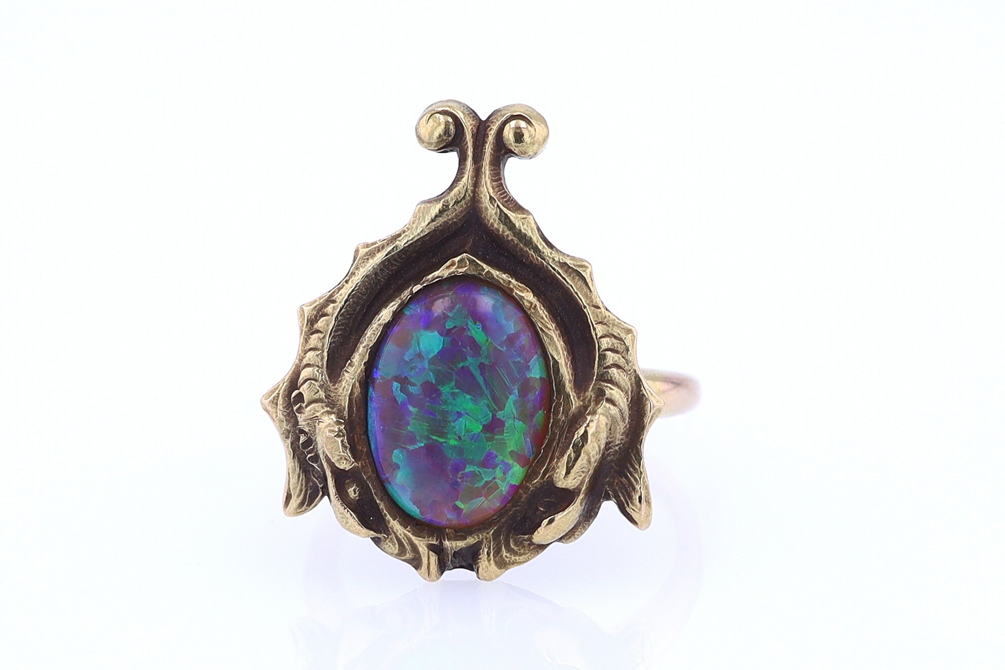 Art Nouveau Era 18kt. Gold & Harlequin Black Opal Ring