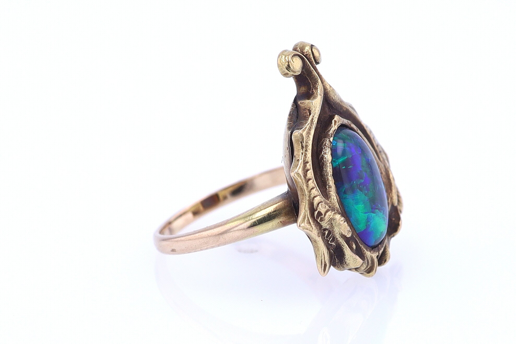 Art Nouveau Era 18kt. Gold & Harlequin Black Opal Ring