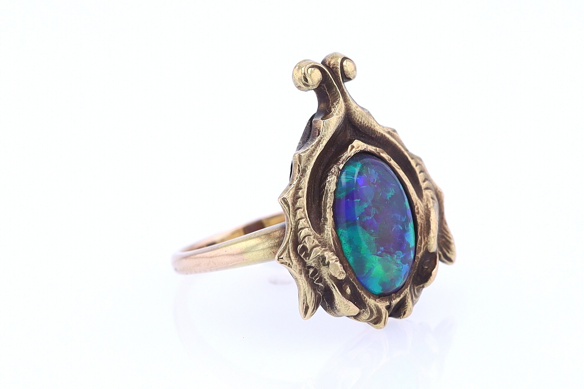 Art Nouveau Era 18kt. Gold & Harlequin Black Opal Ring