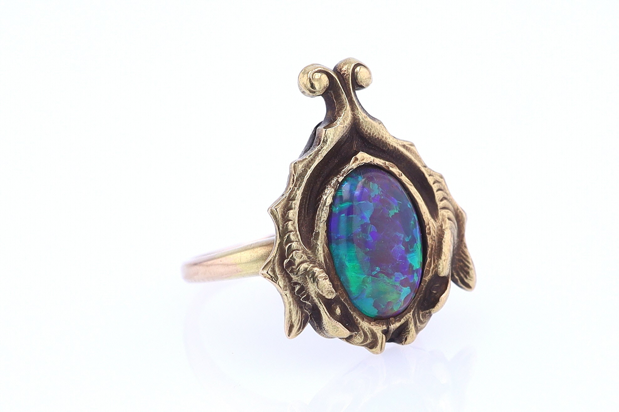 Art Nouveau Era 18kt. Gold & Harlequin Black Opal Ring