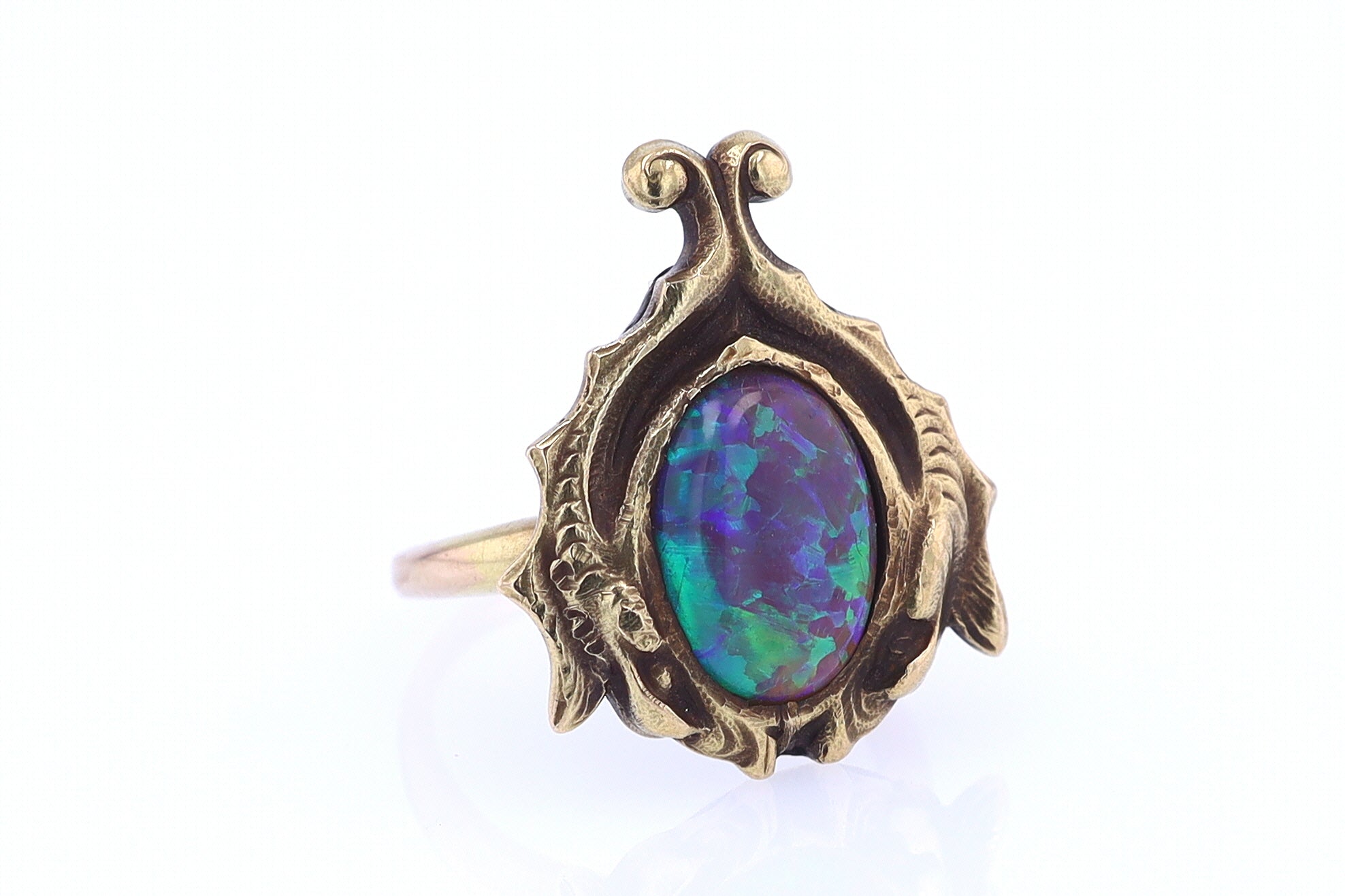 Art Nouveau Era 18kt. Gold & Harlequin Black Opal Ring