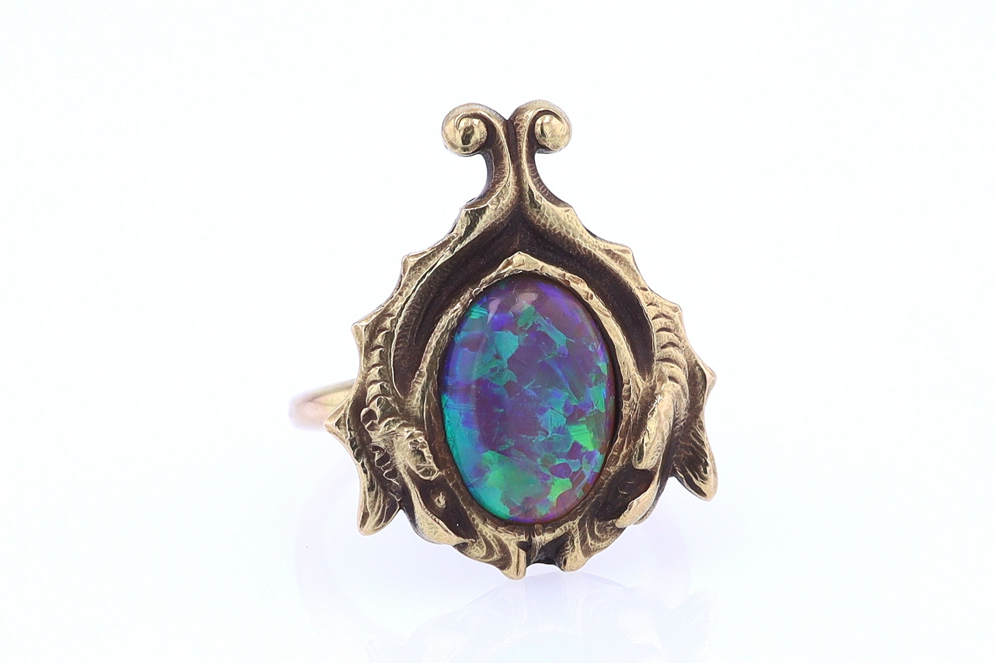 Art Nouveau Era 18kt. Gold & Harlequin Black Opal Ring