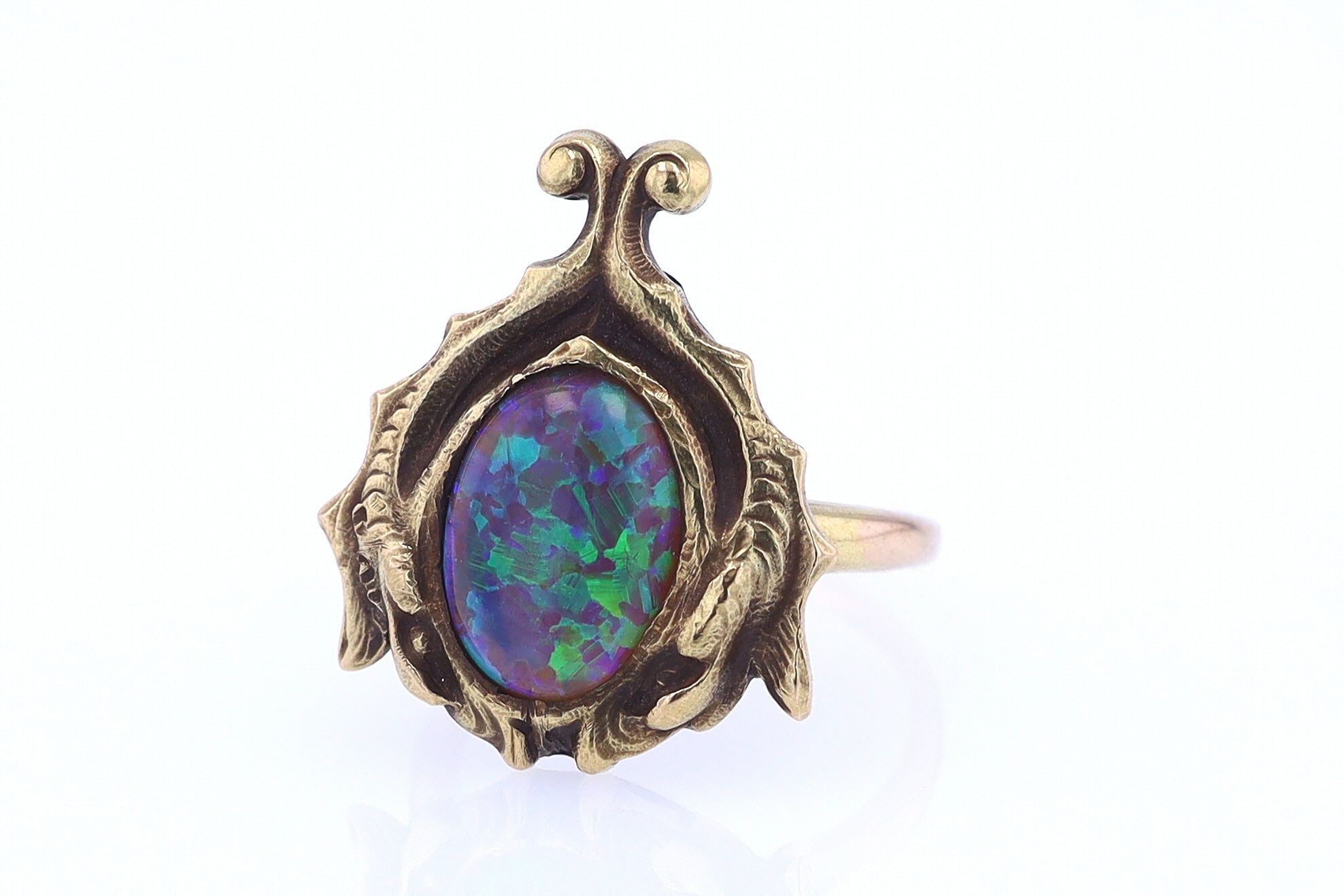 Art Nouveau Era 18kt. Gold & Harlequin Black Opal Ring