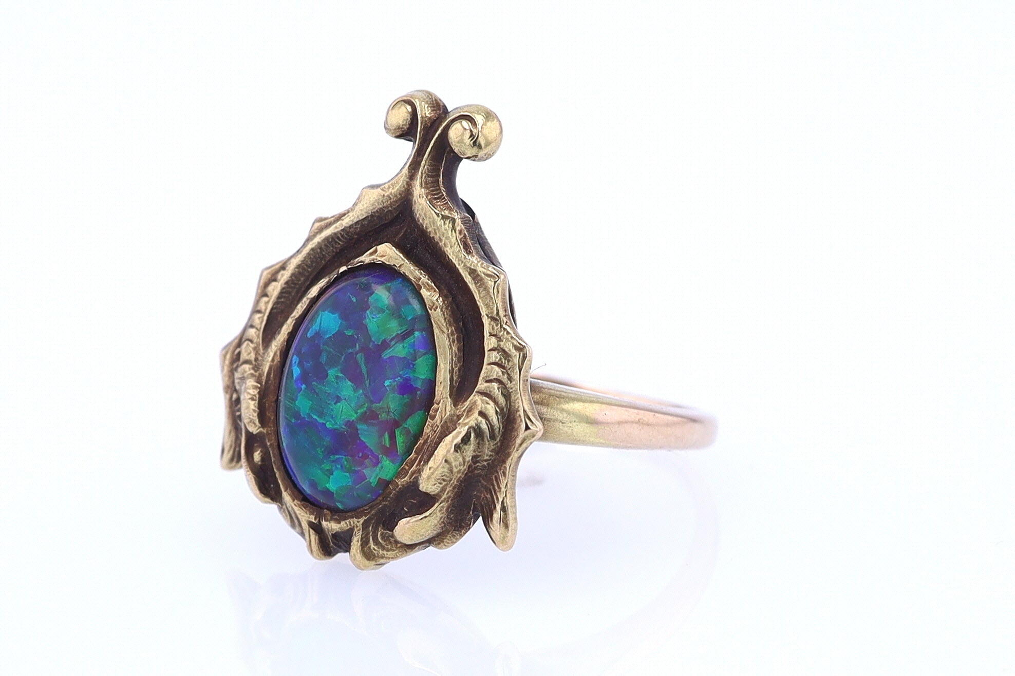 Art Nouveau Era 18kt. Gold & Harlequin Black Opal Ring