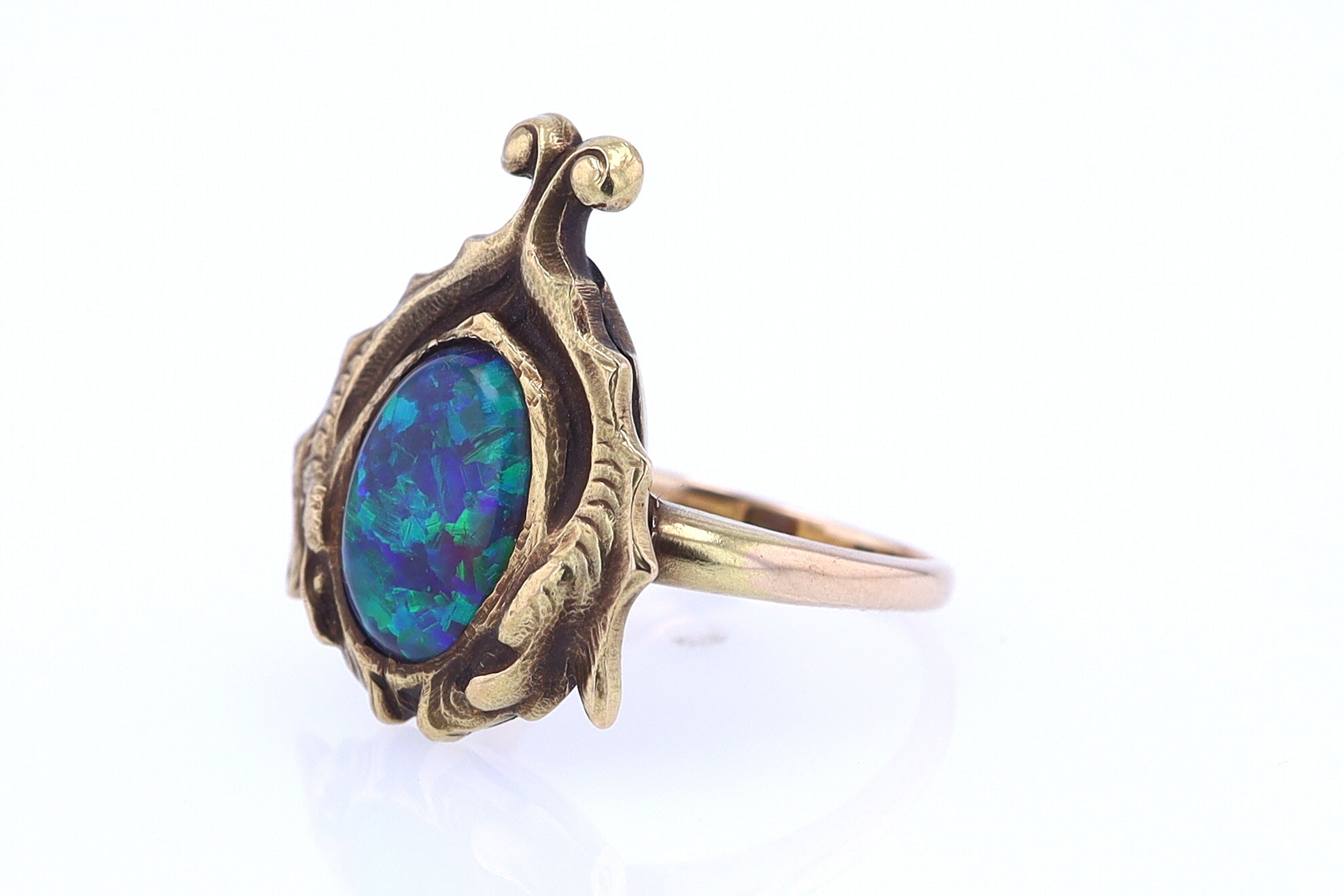 Art Nouveau Era 18kt. Gold & Harlequin Black Opal Ring