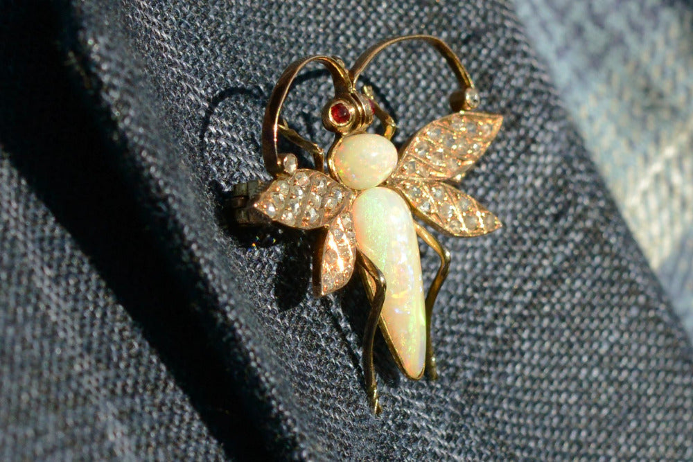 Art Nouveau Opal & Diamond Bee Brooch