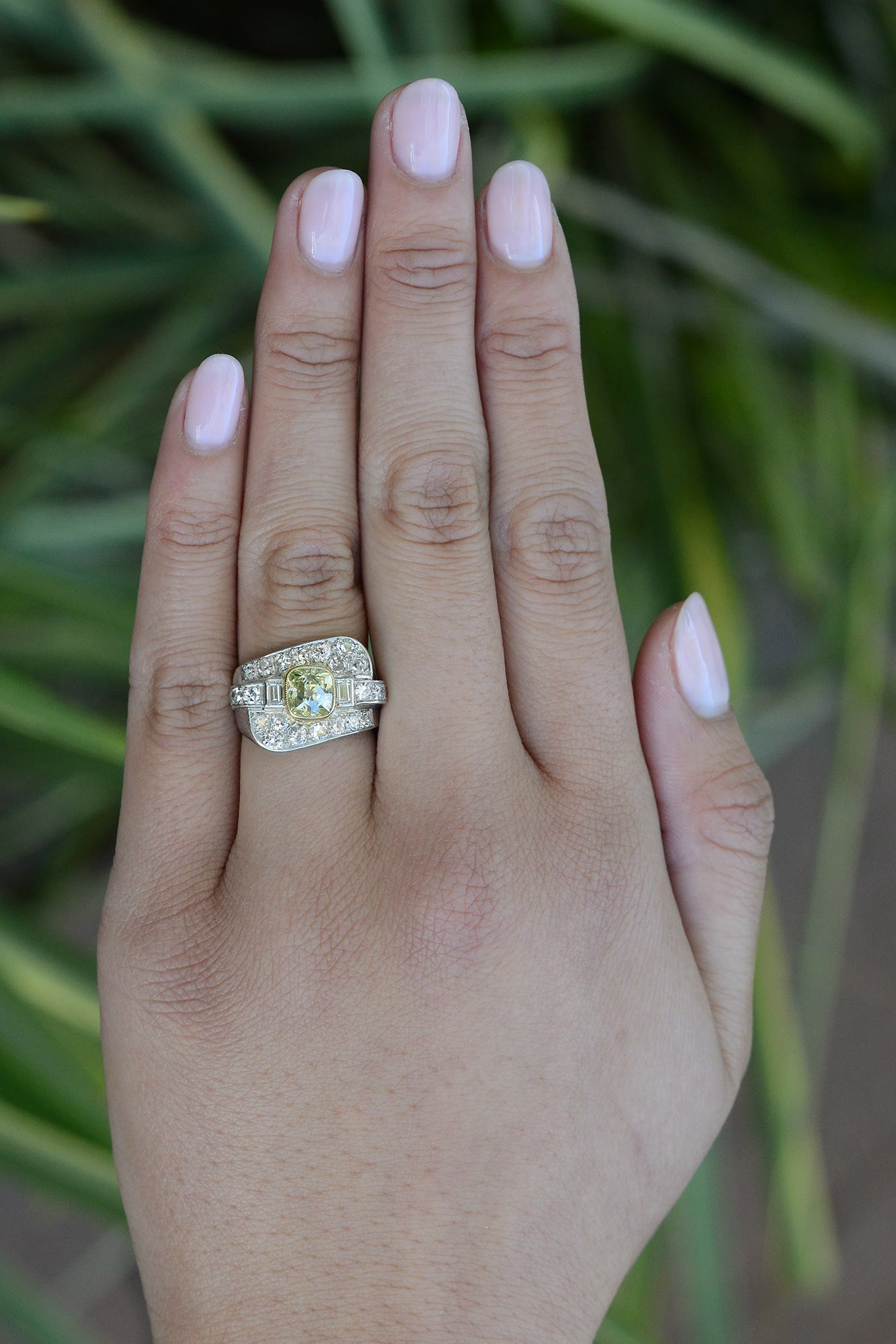 Asymmetrical Art Deco Greenish Yellow Diamond Engagement Ring