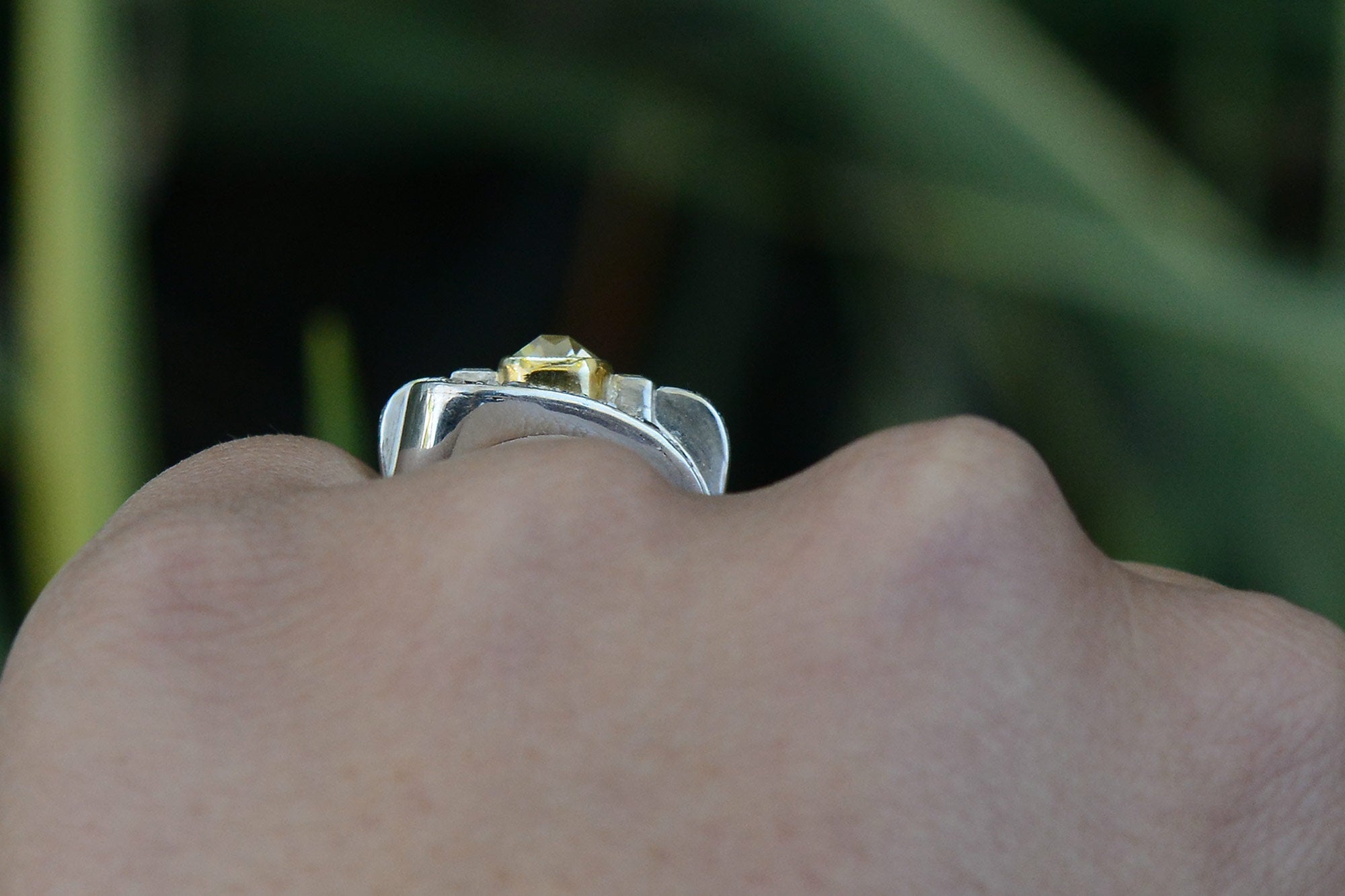 Asymmetrical Art Deco Greenish Yellow Diamond Engagement Ring