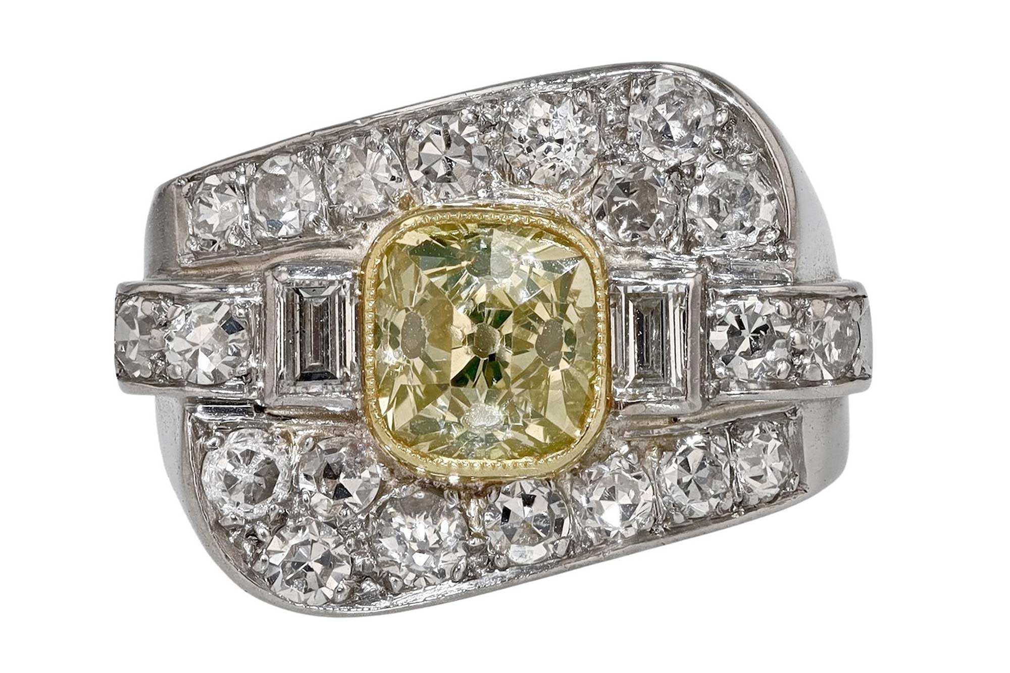 Asymmetrical Art Deco Greenish Yellow Diamond Engagement Ring