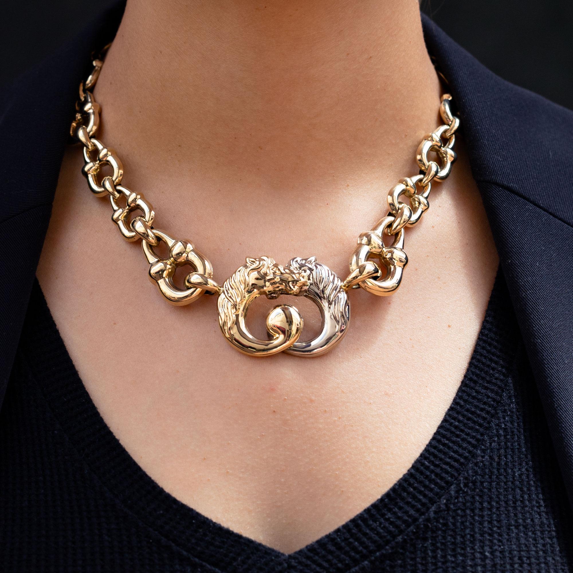 Vintage Signed Italian 14 Karat Gold 2-Tone Gucci Style Horse-Bit Necklace