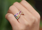 Contemporary Multicolor Rainbow Sapphire Crossover Wide Wedding Band