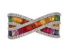 Contemporary Multicolor Rainbow Sapphire Crossover Wide Wedding Band