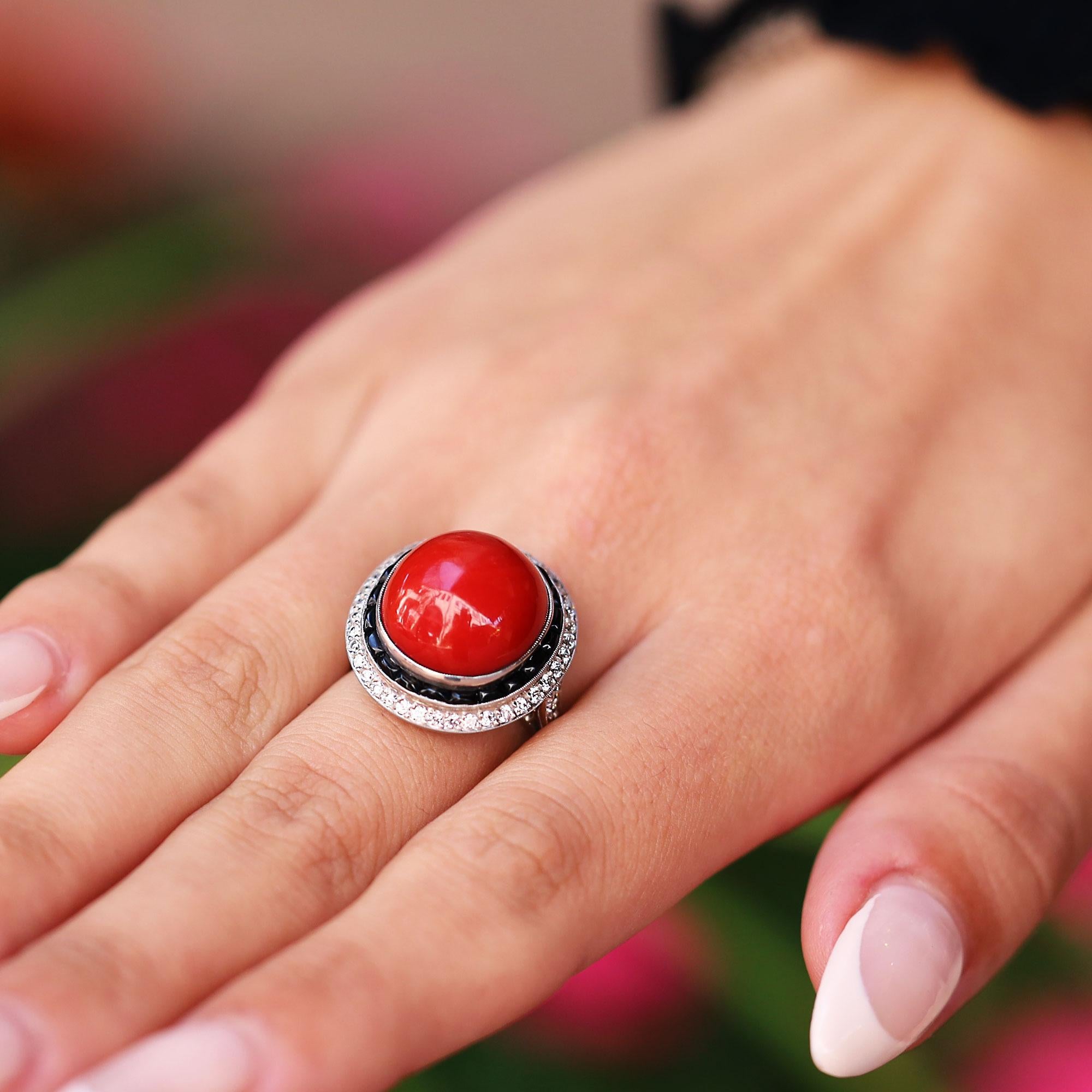 Art Deco Revival Red Coral Diamond & Onyx Cocktail Ring