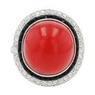 Art Deco Revival Red Coral Diamond & Onyx Cocktail Ring