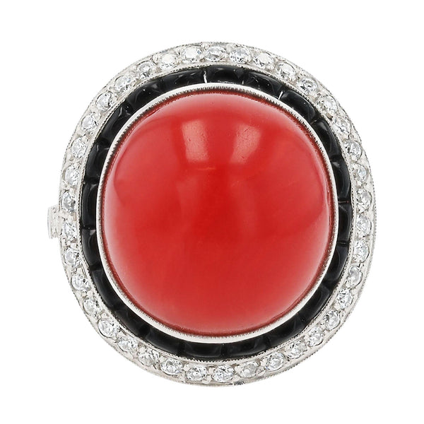 Art Deco Revival Red Coral Diamond & Onyx Cocktail Ring