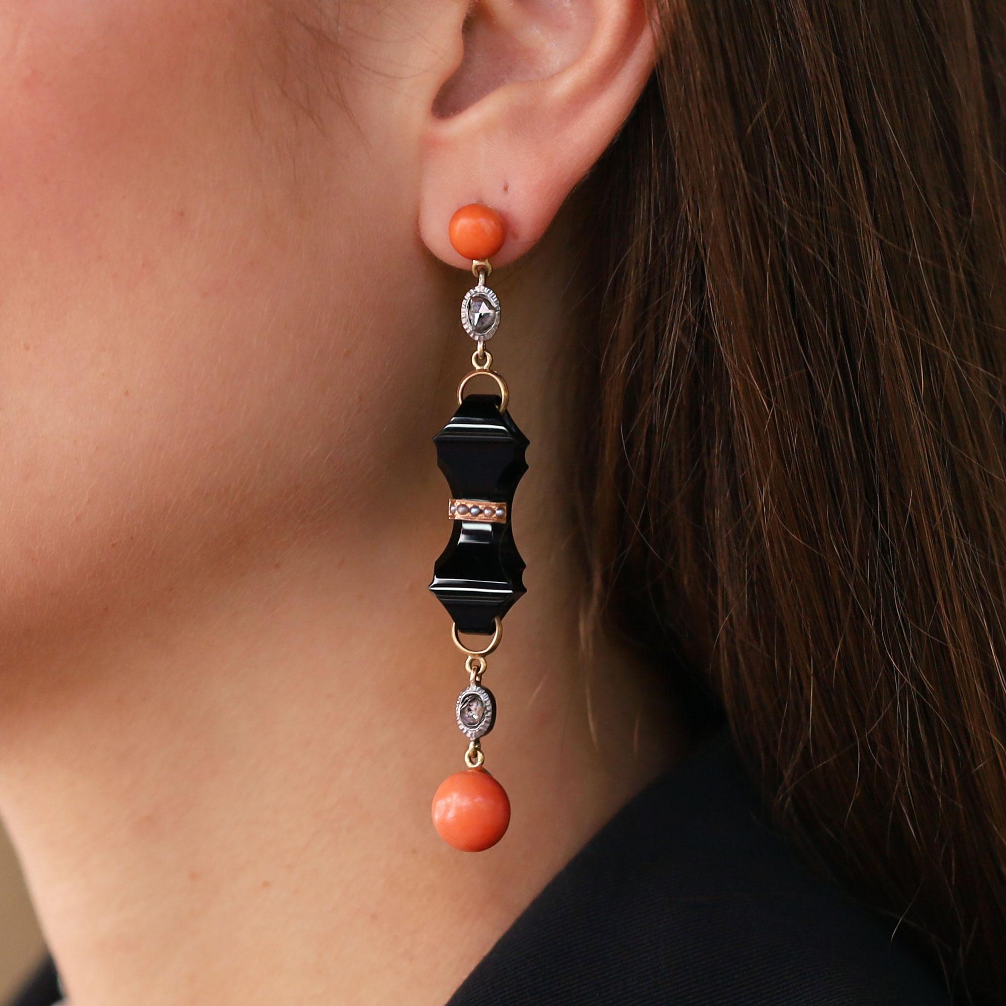 Victorian Coral, Onyx & Diamond 18k Yellow Gold Drop Earrings