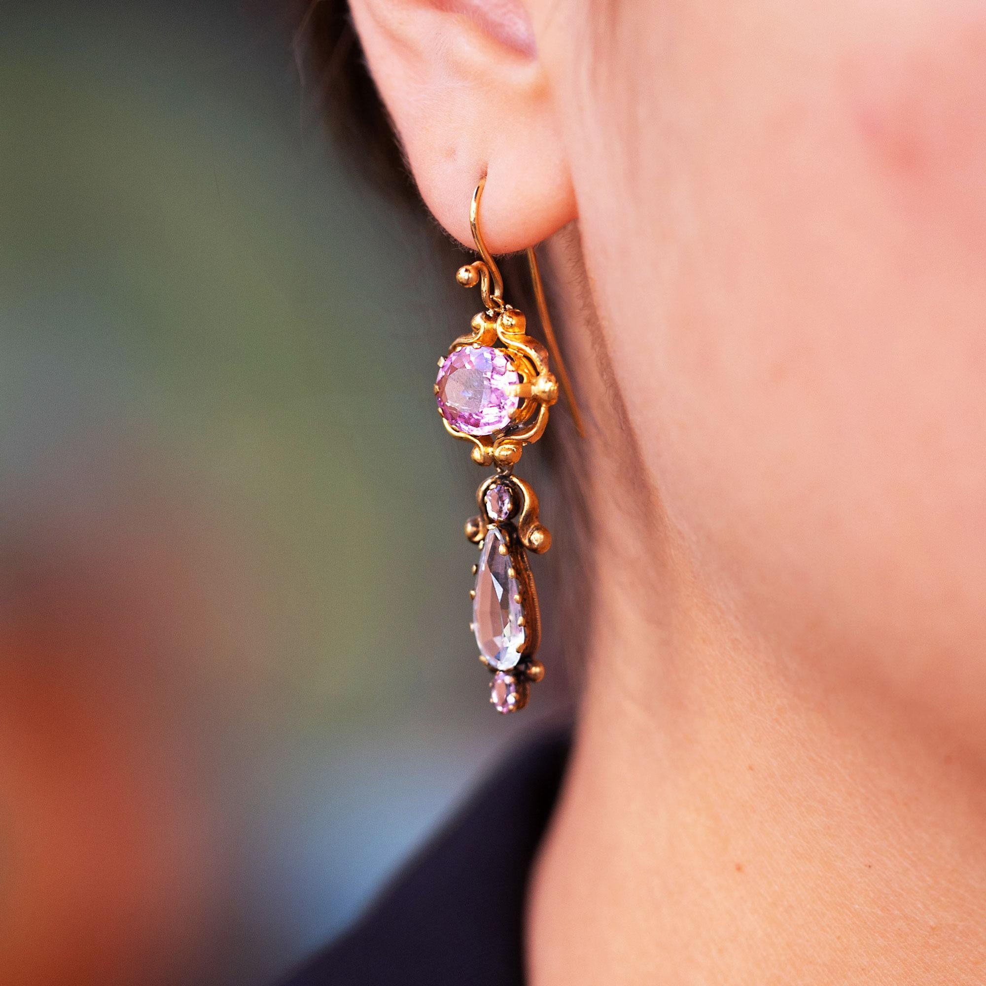 Georgian High Karat Gold Imperial Topaz & Aquamarine Drop Earrings