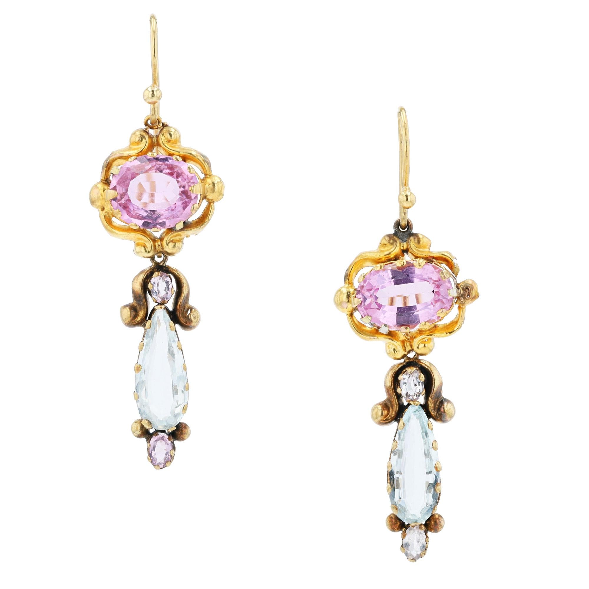 Georgian High Karat Gold Imperial Topaz & Aquamarine Drop Earrings