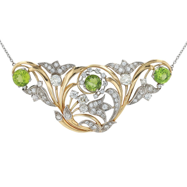 Edwardian Peridot Diamond 18K Gold And Platinum Necklace