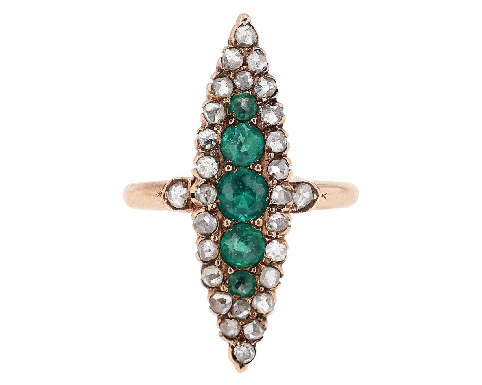 Elongated Vintage Victorian Synthetic Emerald and Diamond Navette Ring