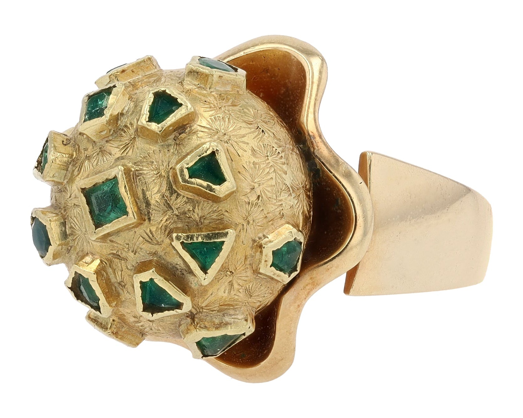 Emerald Disco Ball 1960s Mid Century Modern Yellow Gold Cocktail Ring