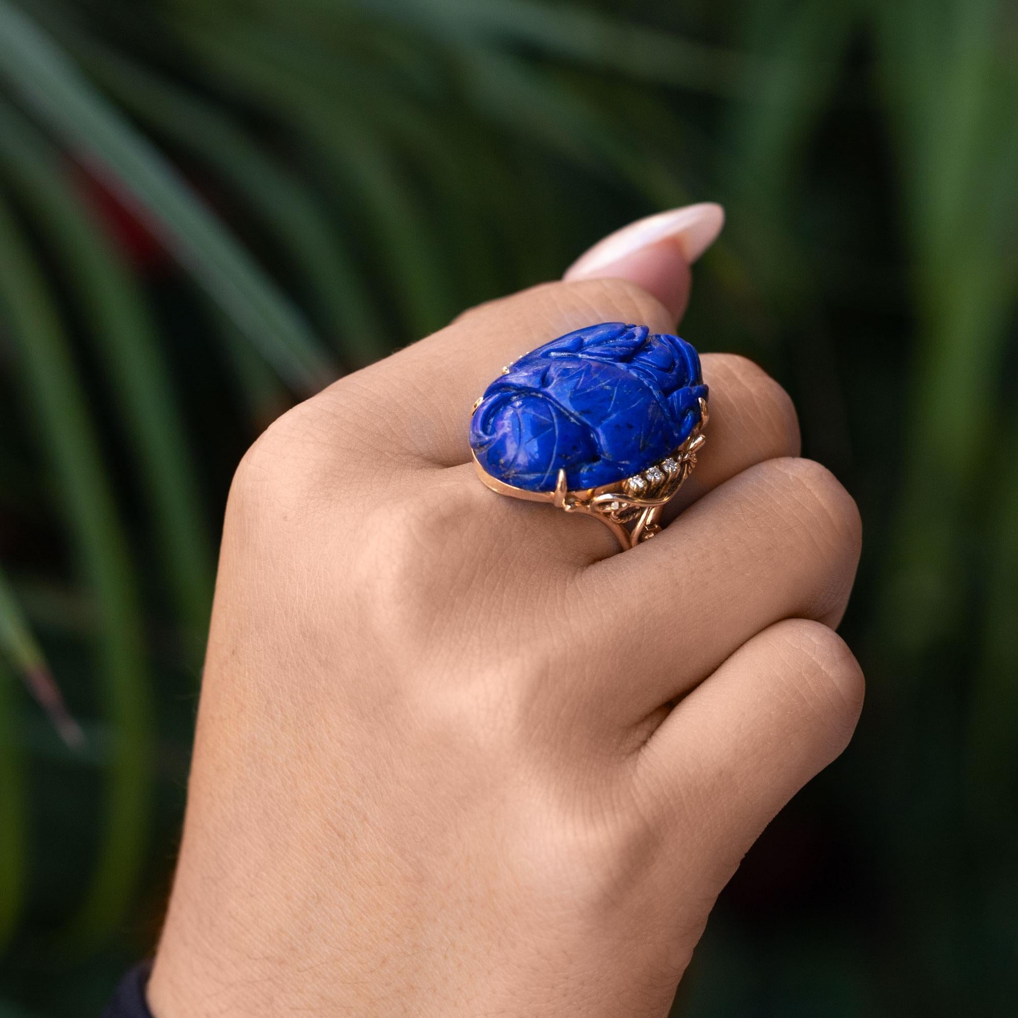 Mid Century Carved Lapis Lazuli & Diamond 14k Gold Dragon Cocktail Ring