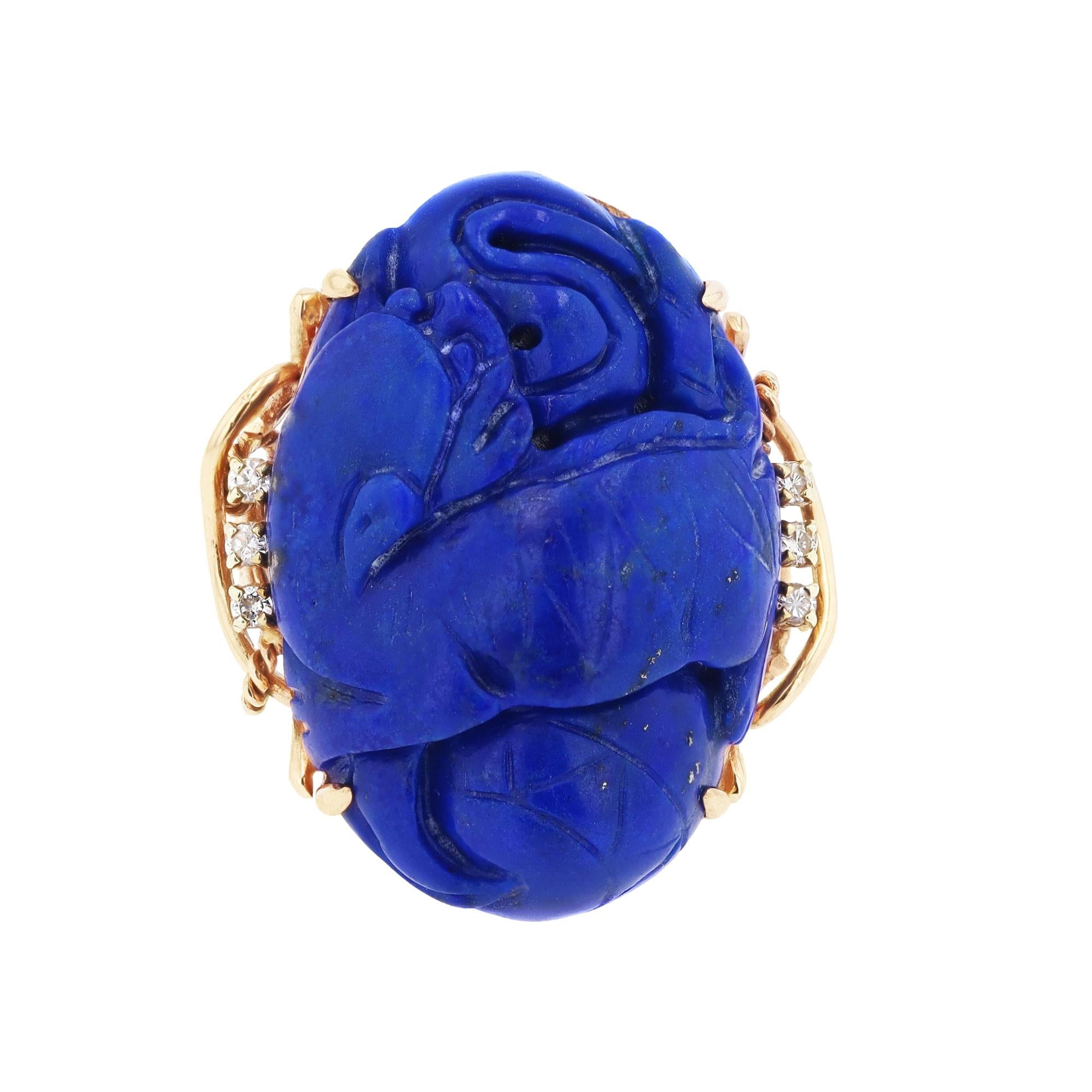 Mid Century Carved Lapis Lazuli & Diamond 14k Gold Dragon Cocktail Ring